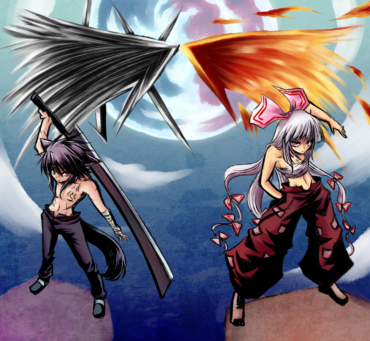 kuon846, kuon yashiro, fujiwara no mokou, touhou, 1boy, 1girl, animal ears, black hair, bow, fire, hair bow, hair ribbon, long hair, multiple hair bows, red eyes, ribbon, sarashi, short hair, sword, tail, weapon