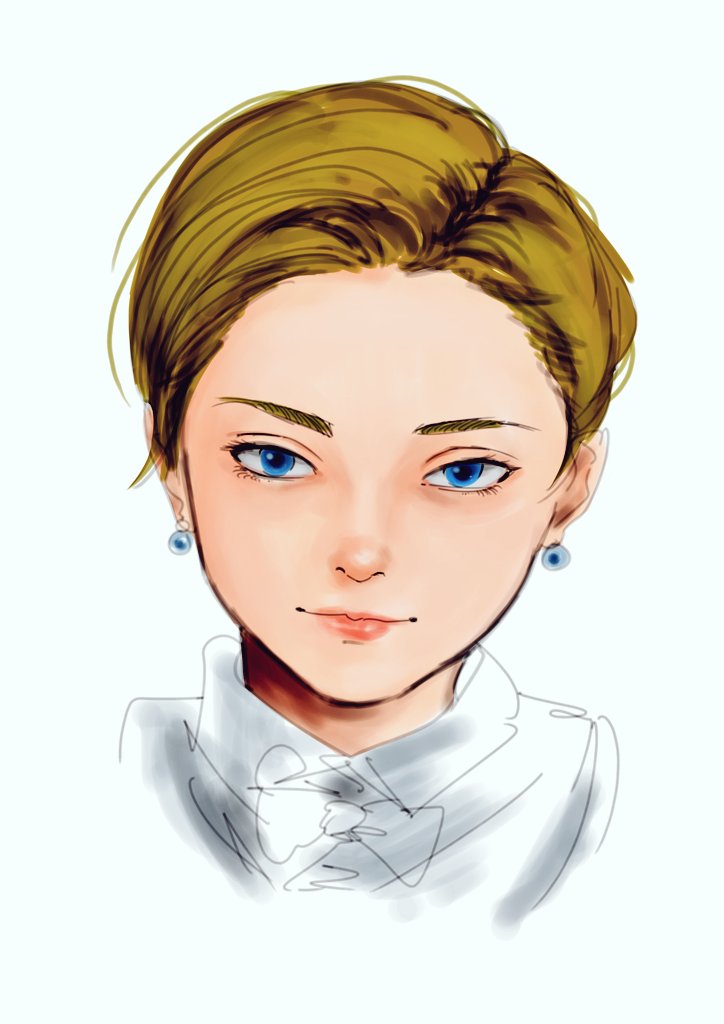 tucon b, king (snk), the king of fighters, 1girl, blonde hair, blue eyes, bow, bowtie, earrings, female focus, jewelry, looking at viewer, pale skin, shirt, short hair, white shirt