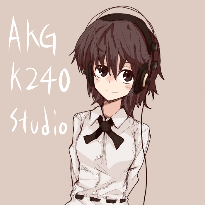 mieharu, shameimaru aya, akg, touhou, 1girl, akg k-series headphones, black hair, brown eyes, brown hair, female focus, head tilt, headphones, short hair, simple background, smile, solo, upper body