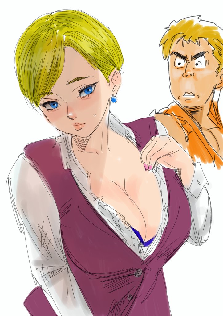 tucon b, king (snk), ryou sakazaki, sakazaki ryo, the king of fighters, 1girl, blonde hair, blue eyes, breasts, cleavage, earrings, female focus, formal clothes, huge breasts, jewelry, large breasts, pale skin, ryo sakazaki, shirt, short hair, suit, tuxedo, white shirt