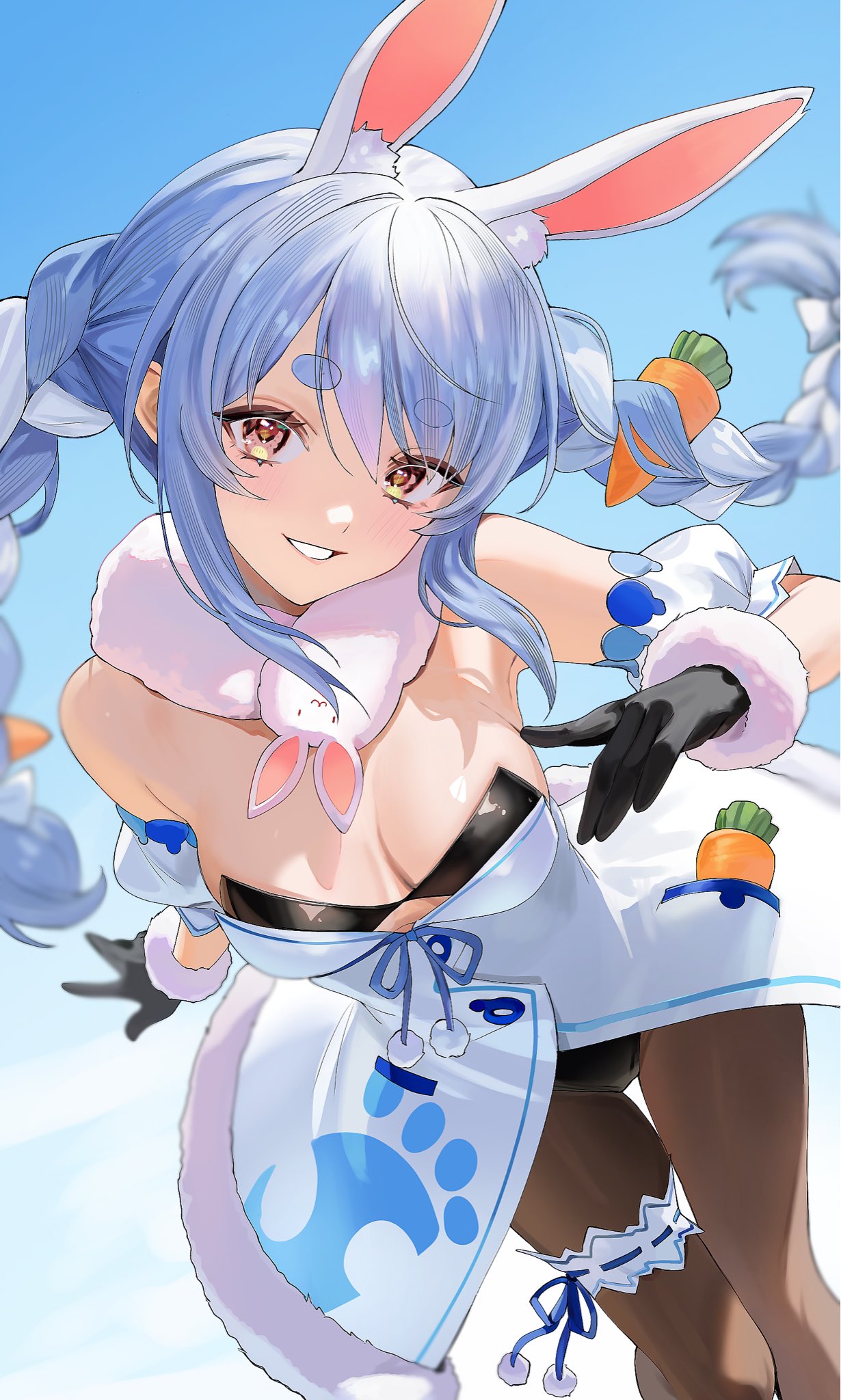 iood, usada pekora, usada pekora (1st costume), hololive, highres, 1girl, animal ears, black gloves, blue hair, blue sky, braid, breasts, brown pantyhose, carrot, carrot hair ornament, carrot in pocket, day, dress, food-themed hair ornament, fur scarf, gloves, hair ornament, leotard, leotard under clothes, multicolored hair, pantyhose, rabbit ears, rabbit girl, short eyebrows, sky, small breasts, solo, thick eyebrows, twin braids, two-tone hair, virtual youtuber, white dress, white hair, yellow eyes