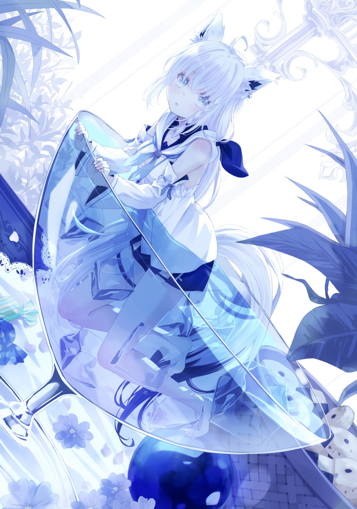 54hao, shirakami fubuki, shirakami fubuki (1st costume), hololive, commentary, highres, 1girl, ahoge, all fours, animal ear fluff, animal ears, bare shoulders, barefoot, black shorts, blue eyes, checkerboard cookie, cookie, cup, day, detached sleeves, dutch angle, food, fox ears, fox girl, fox tail, hair between eyes, hood, hood down, in container, in cup, long hair, long sleeves, looking at viewer, mini person, minigirl, parted lips, short shorts, shorts, solo, sunlight, tail, very long hair, virtual youtuber, white hair, white sleeves, wide sleeves