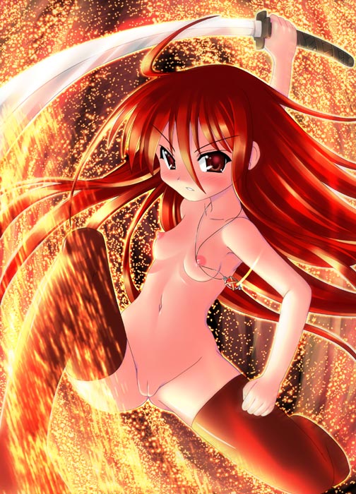 hase yu, alastor (shakugan no shana), shana, shakugan no shana, 00s, 1girl, angry, armpits, bare shoulders, black thighhighs, cleft of venus, collarbone, female focus, fire, flat chest, jewelry, jumping, katana, loli, long hair, midair, midriff, narrow waist, navel, necklace, nipples, nude, open mouth, pendant, pussy, red eyes, red hair, solo, sword, thighhighs, uncensored, very long hair, weapon