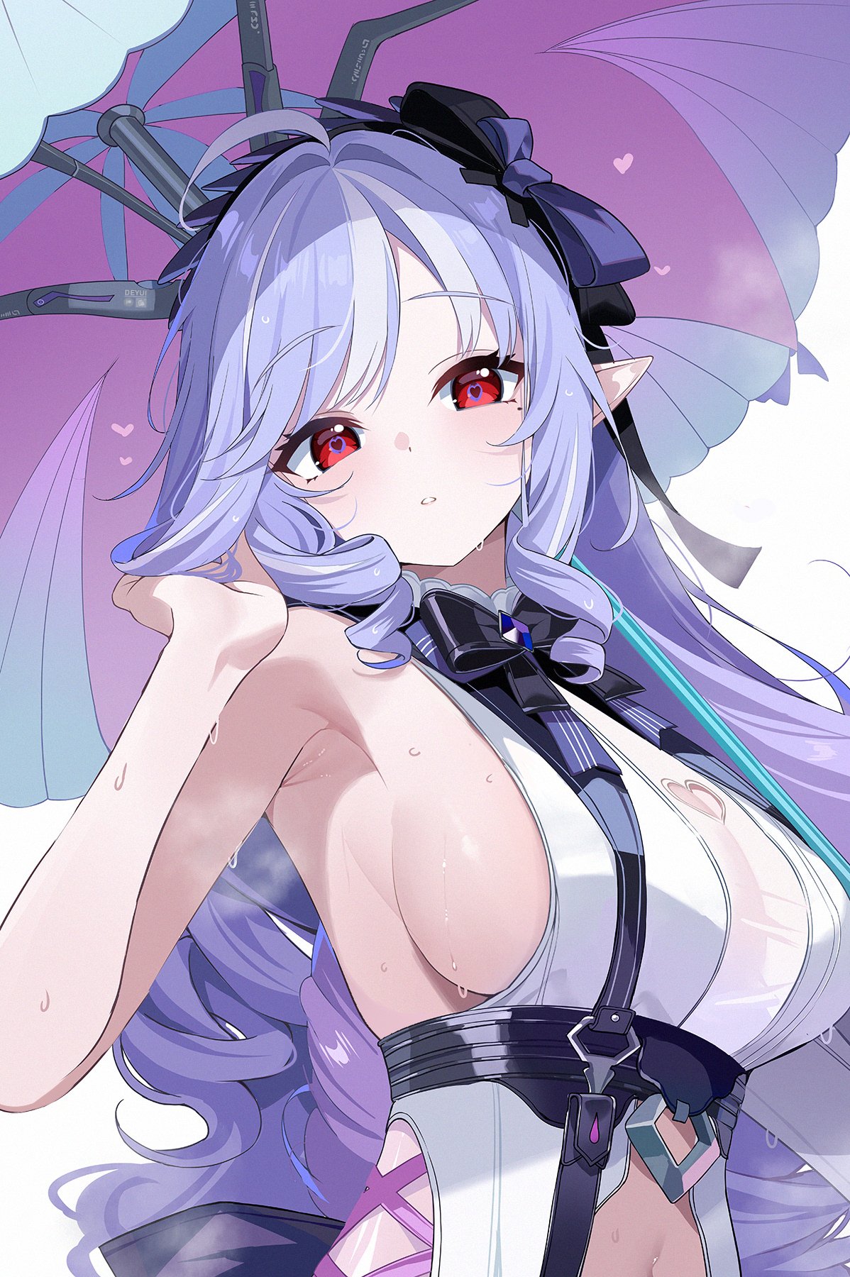 deyui, vivian banshee, vivian banshee (iris of the shore), zenless zone zero, highres, revision, 1girl, adjusting hair, armpits, breasts, clothing cutout, drill hair, drill sidelocks, heart, heart-shaped pupils, heart cutout, large breasts, long hair, looking at viewer, multicolored hair, official alternate costume, one-piece swimsuit, parted lips, purple hair, red eyes, sideboob, sidelocks, simple background, solo, streaked hair, sweat, swimsuit, symbol-shaped pupils, umbrella over shoulder, upper body, white background, white hair, white one-piece swimsuit