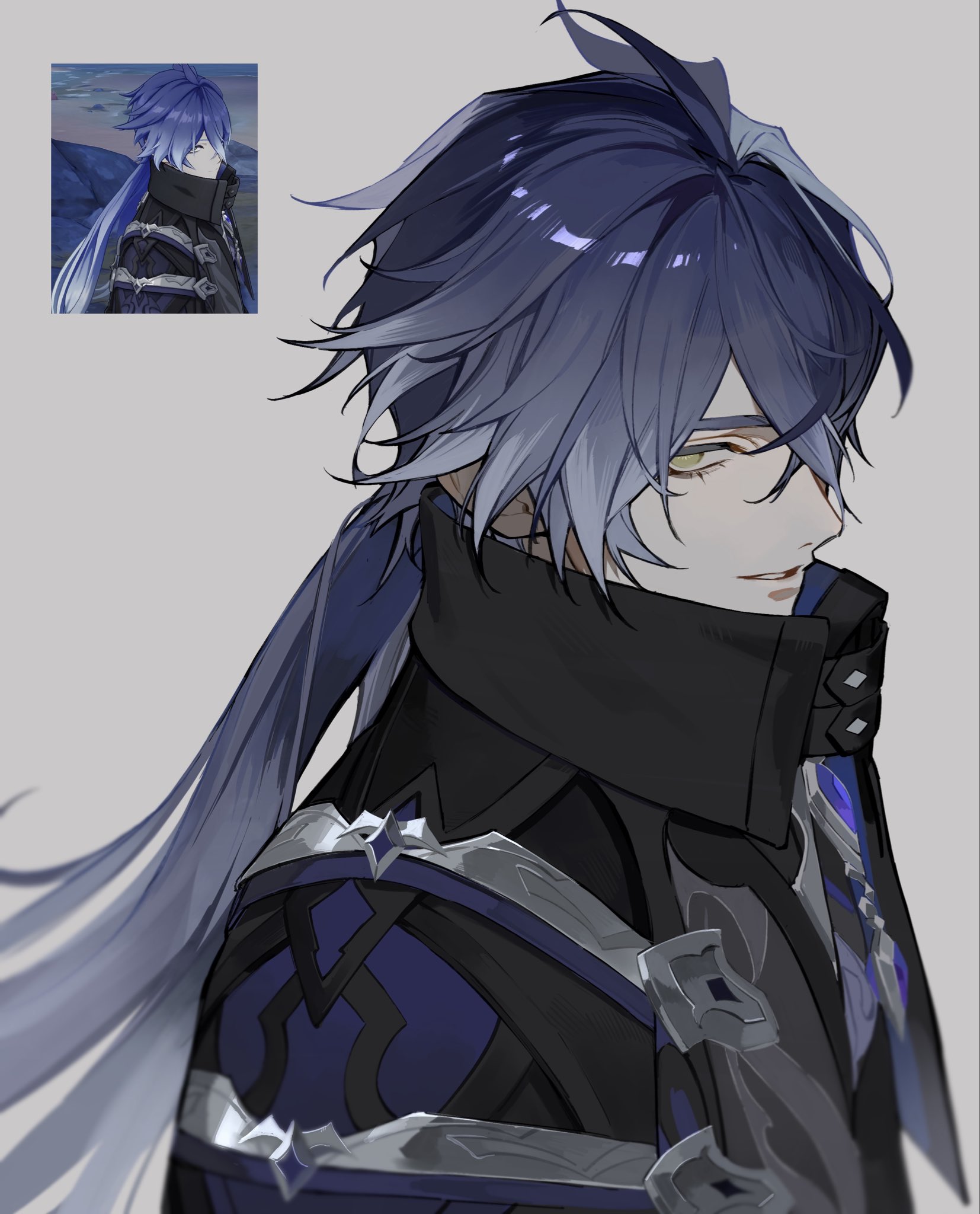 kichi owo, flins (genshin impact), genshin impact, commentary, hashtag-only commentary, highres, 1boy, black coat, blue hair, coat, empty eyes, from side, game screenshot inset, gradient hair, grey background, grey hair, long hair, looking to the side, male focus, multicolored hair, parted bangs, reference inset, smile, solo, teeth, upper body, very long hair, yellow eyes