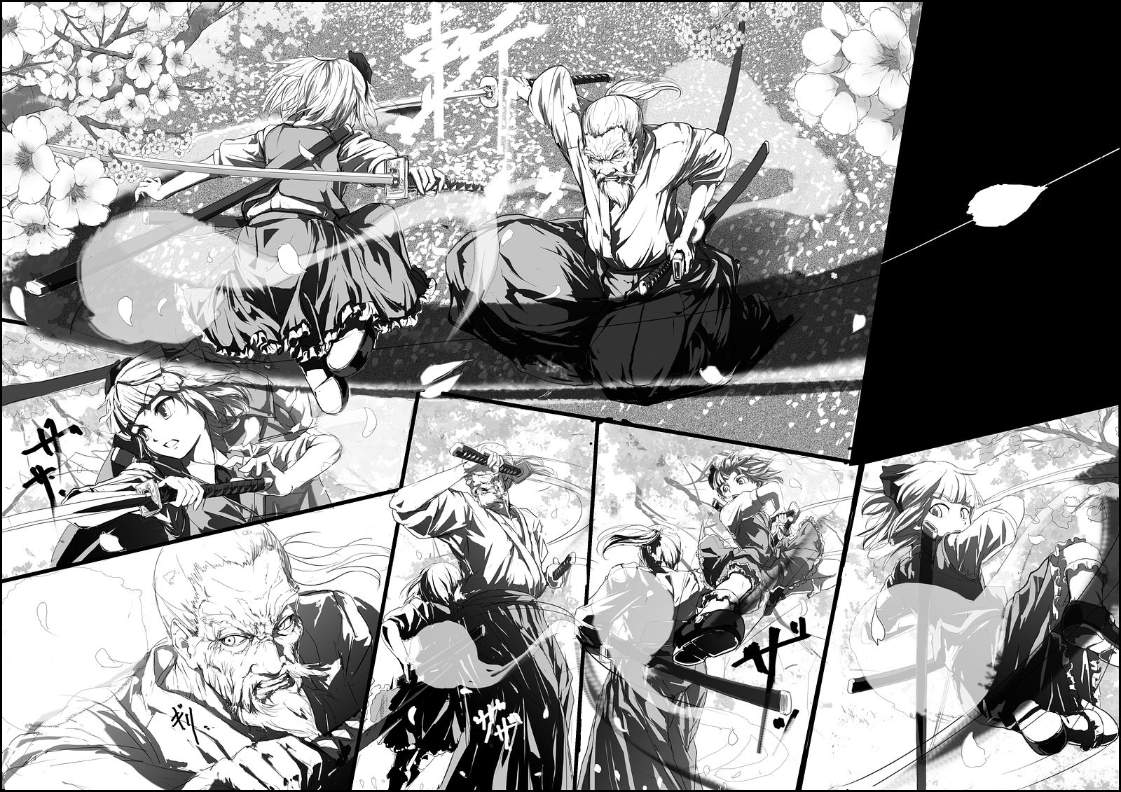 nekoita, konpaku youki, konpaku youki (ghost), konpaku youmu, konpaku youmu (ghost), touhou, duplicate, highres, 1boy, 1girl, battle, beard, facial hair, greyscale, hakama, hakama skirt, hitodama, japanese clothes, kimono, monochrome, skirt, sword, weapon