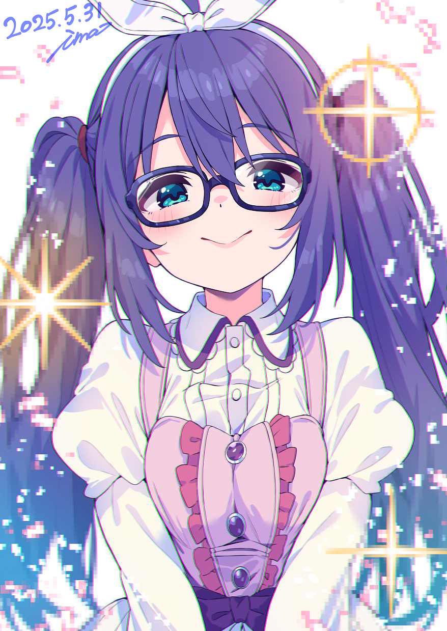 ima (lm ew), mochizuki anna, idolmaster, idolmaster million live!, idolmaster million live! theater days, highres, 1girl, :>, ahoge, alternate hairstyle, aqua eyes, bespectacled, blue-framed eyewear, blurry, blush, bow, bow hairband, breasts, closed mouth, confetti, dated, depth of field, dot nose, dress, frilled dress, frills, glasses, hair between eyes, hair tie, hairband, long hair, long sleeves, looking at viewer, pink dress, pixelated, puffy long sleeves, puffy sleeves, purple bow, purple hair, shirt, signature, simple background, sleeveless, sleeveless dress, small breasts, smile, solo, sparkle, twintails, upper body, waist bow, white background, white hairband, white shirt