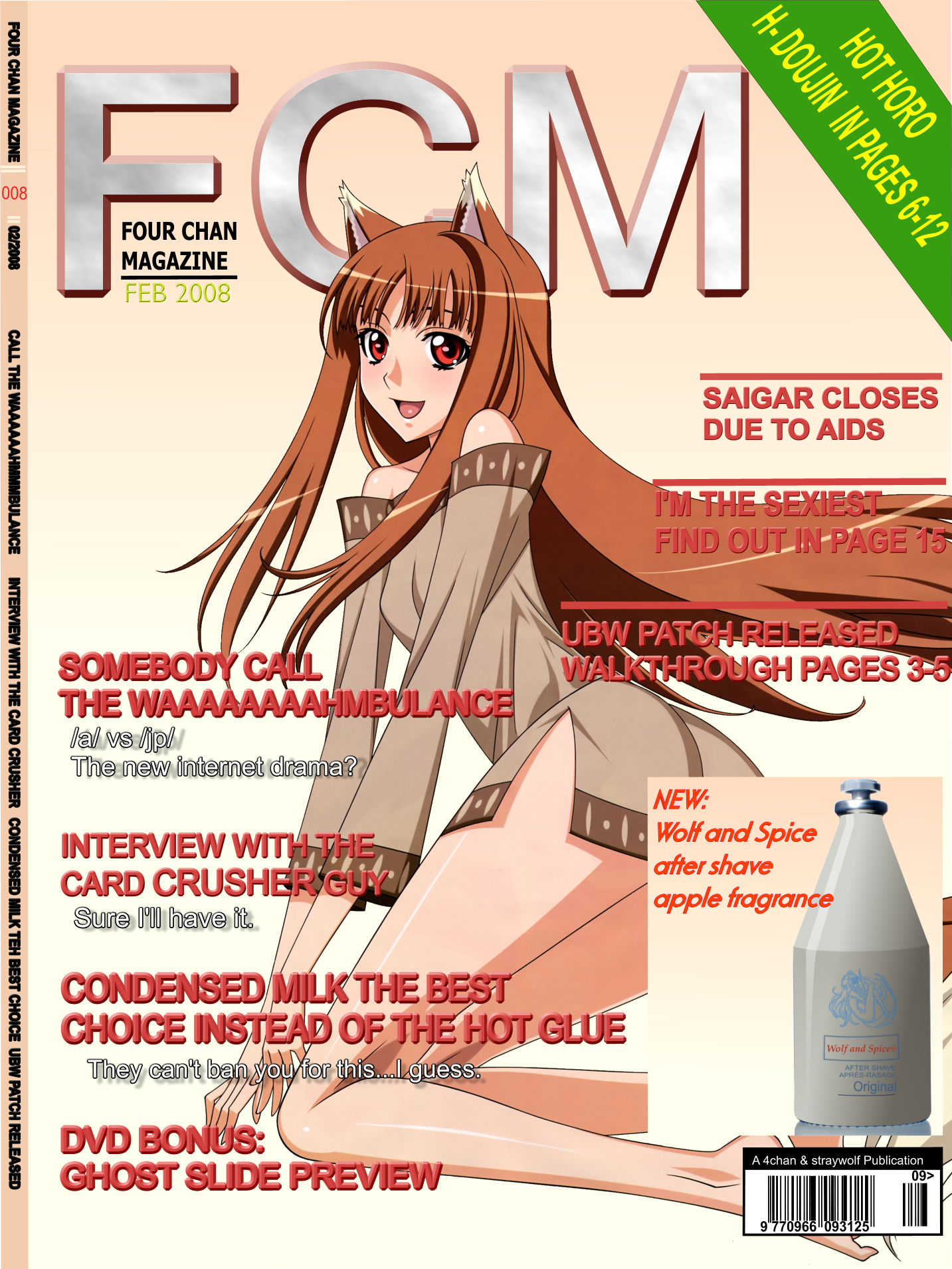 kuroda kazuya, holo, 4chan, fcm, spice and wolf, highres, official art, third-party edit, 00s, 1girl, animal ears, ass, barcode, bare legs, bare shoulders, barefoot, blush, bottle, breasts, brown hair, character name, copyright name, cover, dated, dress, english text, fake cover, fake magazine cover, female focus, floating hair, from side, full body, gradient background, happy, imageboard colors, kneeling, kneepits, leaning forward, legs, long hair, long sleeves, looking at viewer, looking back, magazine (object), magazine cover, off shoulder, open mouth, parted bangs, red eyes, red hair, short dress, side slit, sidelocks, small breasts, smile, solo, tail, v arms, very long hair, wolf ears, wolf tail