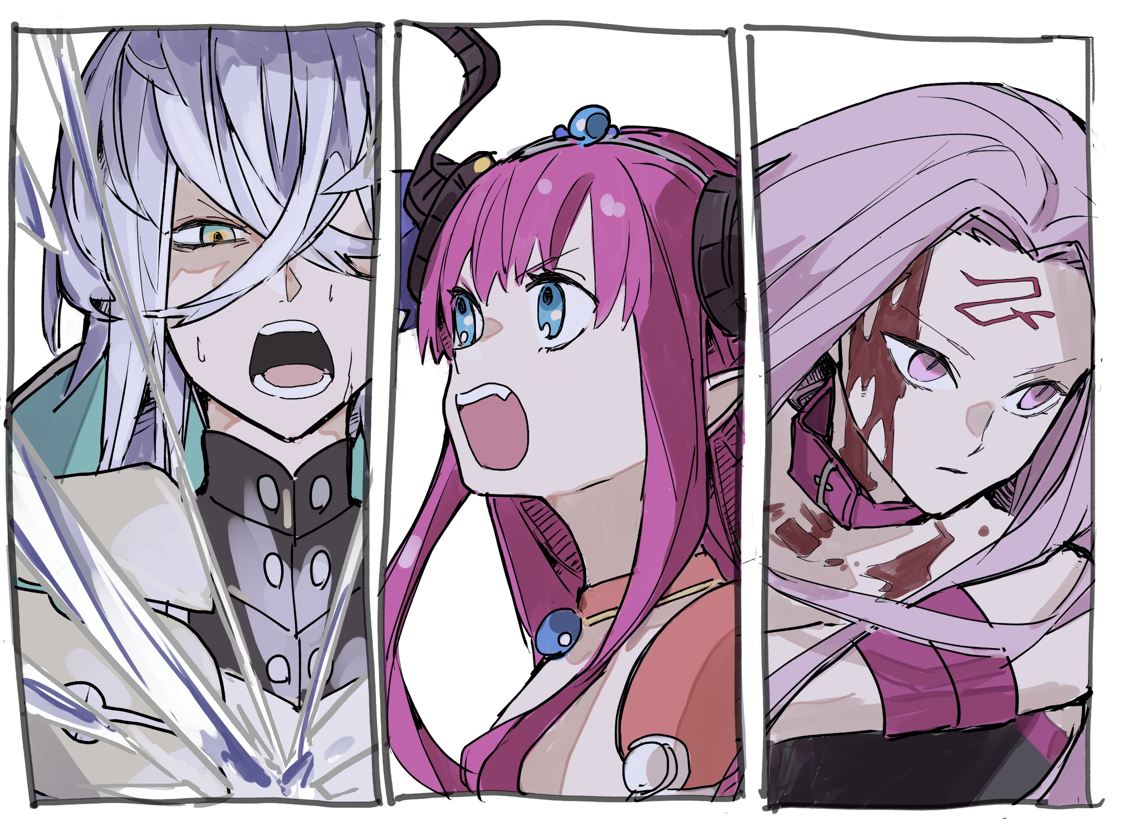 ki wa001, asclepius (fate), asclepius (third ascension) (fate), elizabeth bathory (brave) (fate), elizabeth bathory (fate), medusa (fate), medusa (rider) (fate), fate/grand order, fate (series), highres, 1boy, 2girls, armor, bare shoulders, bikini armor, bleeding, blood, blood from forehead, blue eyes, breasts, closed mouth, crossed bangs, dragon girl, dress, facial mark, forehead mark, green eyes, grey hair, hair between eyes, horns, jacket, large breasts, long hair, looking at viewer, multiple girls, open mouth, pauldrons, pink hair, pointy ears, purple eyes, purple hair, red armor, shoulder armor, silver trim, simple background, small breasts, sweatdrop, upper body, very long hair, white background, white hair