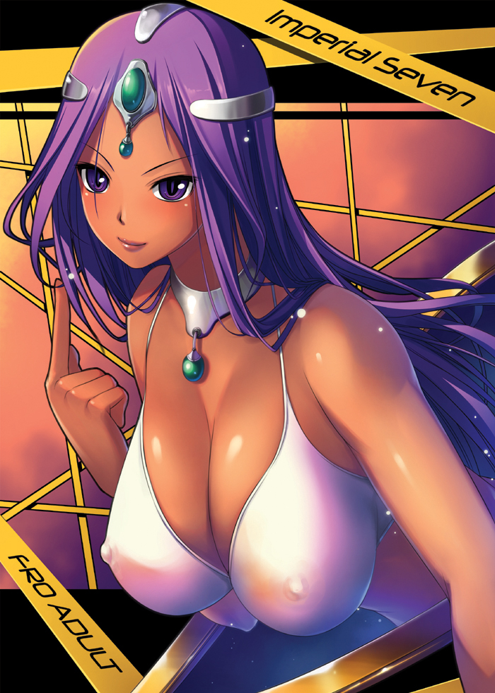 kongeraatio, manya (dq4), chunsoft, dragon quest, dragon quest iv, dragon quest vi, enix, 1girl, bikini, bikini top only, breasts, circlet, covered erect nipples, dark-skinned female, dark skin, english text, engrish text, female focus, huge breasts, long hair, nipples, purple eyes, purple hair, ranguage, solo, swimsuit