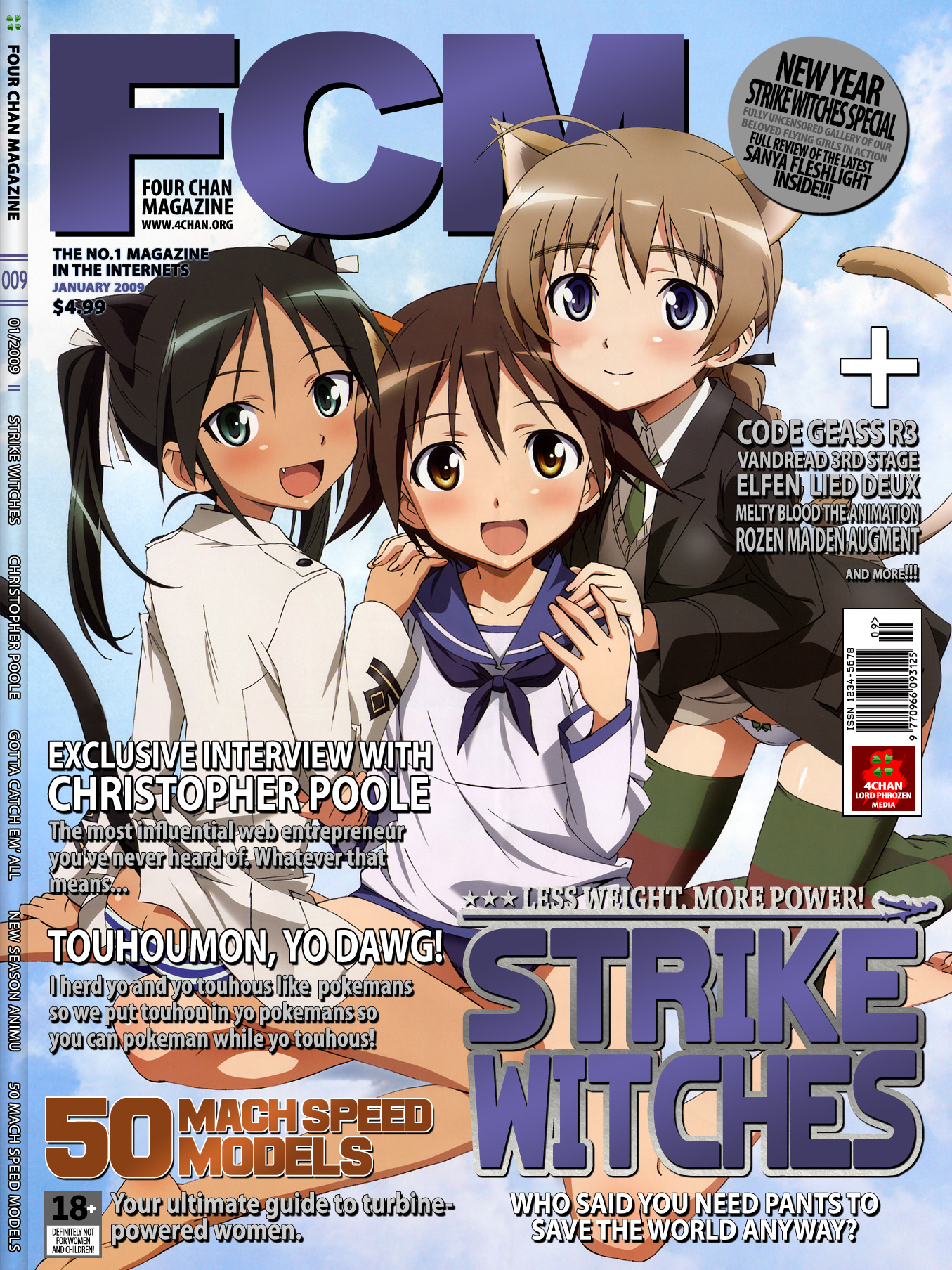 lord phr0zen, francesca lucchini, lynette bishop, miyafuji yoshika, 4chan, fcm, strike witches, world witches series, striped legwear, highres, 00s, 3girls, animal ears, ass, cat ears, cat tail, cover, fake magazine cover, fang, feet, magazine (object), magazine cover, multiple girls, panties, soles, striped clothes, striped panties, striped thighhighs, tail, thighhighs, underwear