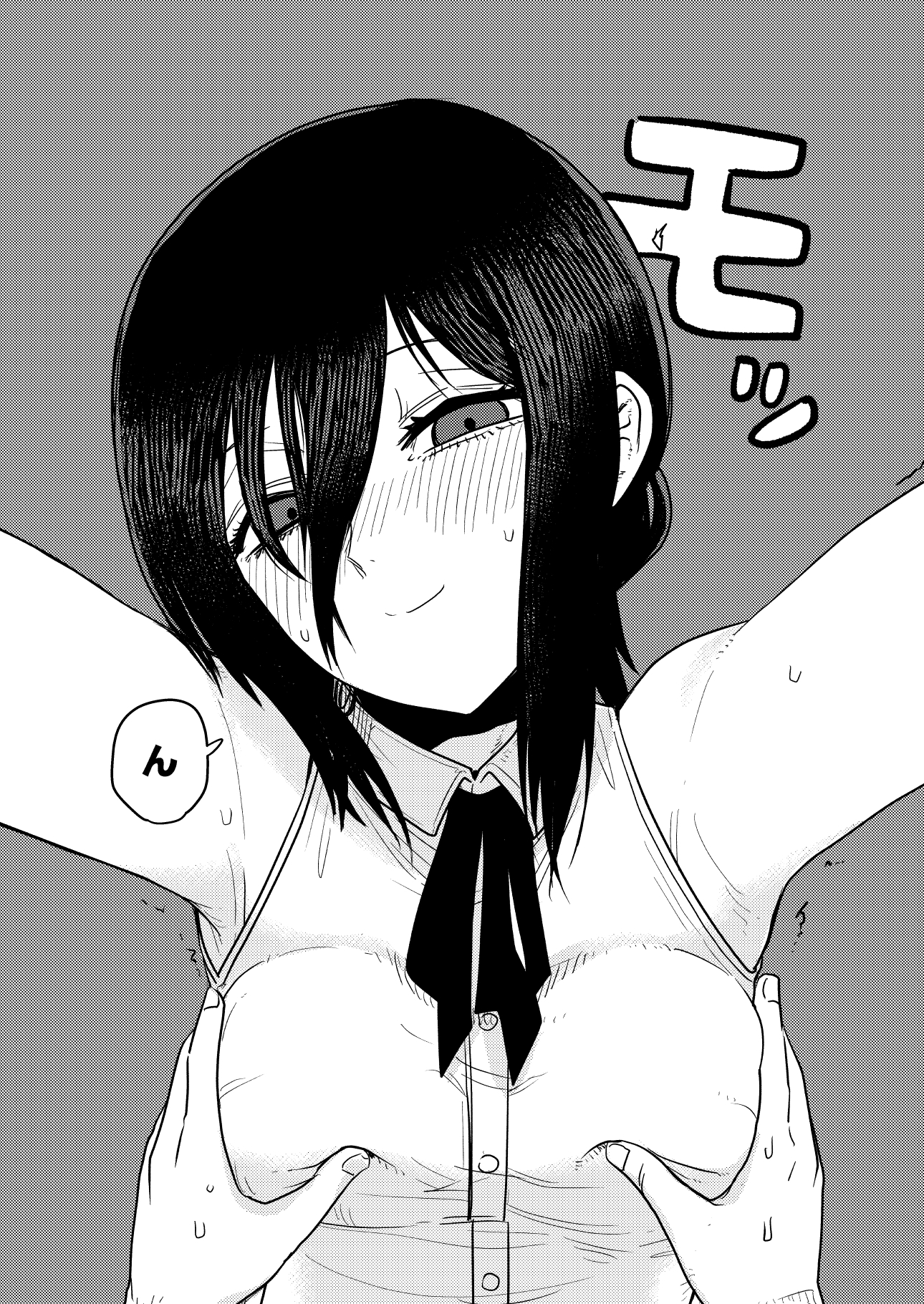 katakoriku, denji (chainsaw man), reze (chainsaw man), chainsaw man, commentary request, highres, 1boy, 1girl, breasts, closed mouth, grabbing another's breast, greyscale, groping, hair between eyes, hetero, medium breasts, monochrome, neck ribbon, pov, ribbon, shirt, sleeveless, sleeveless shirt, smile, speech bubble, sweat