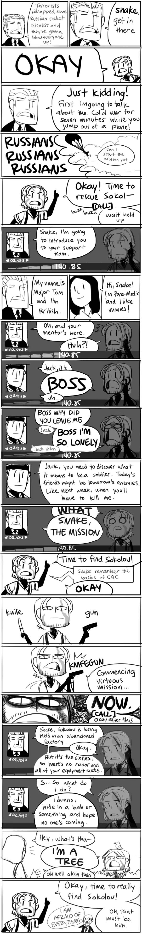 gigi d.g., big boss, major zero, naked snake, nikolai stepanovich sokolov, para-medic (mgs3), the boss, metal gear (series), metal gear solid, metal gear solid 3: snake eater, absurdres, highres, long image, tall image, 1girl, 5boys, comic, english text, greyscale, monochrome, multiple boys