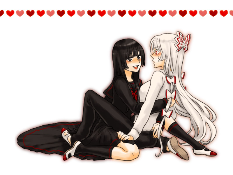 loup-garou, fujiwara no mokou, houraisan kaguya, touhou, silver hair, bad id, bad pixiv id, 2girls, alternate costume, black eyes, black hair, blunt bangs, contemporary, female focus, hair ribbon, hime cut, long hair, multiple girls, red eyes, ribbon, school uniform, shoes, uwabaki, yuri