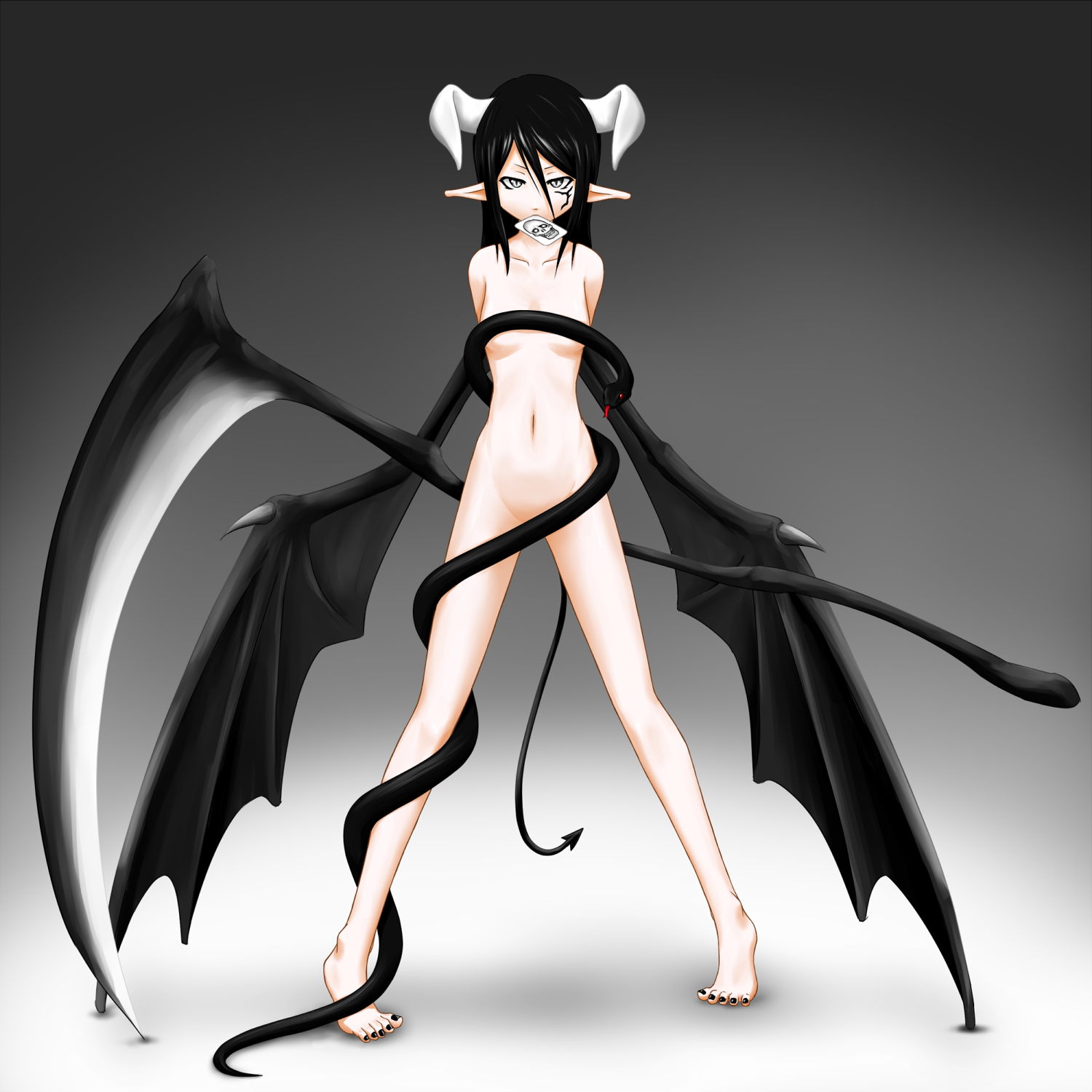 kentairui, original, bad id, bad pixiv id, highres, 1girl, arms behind back, barefoot, bat wings, black hair, black nails, card, card (medium), demon girl, demon tail, feet, female focus, grey eyes, groin, horns, legs, long legs, mouth hold, nail polish, nude, pointy ears, scythe, skull, snake, solo, tail, tarot, tarot (medium), tattoo, toenail polish, toenails, wings