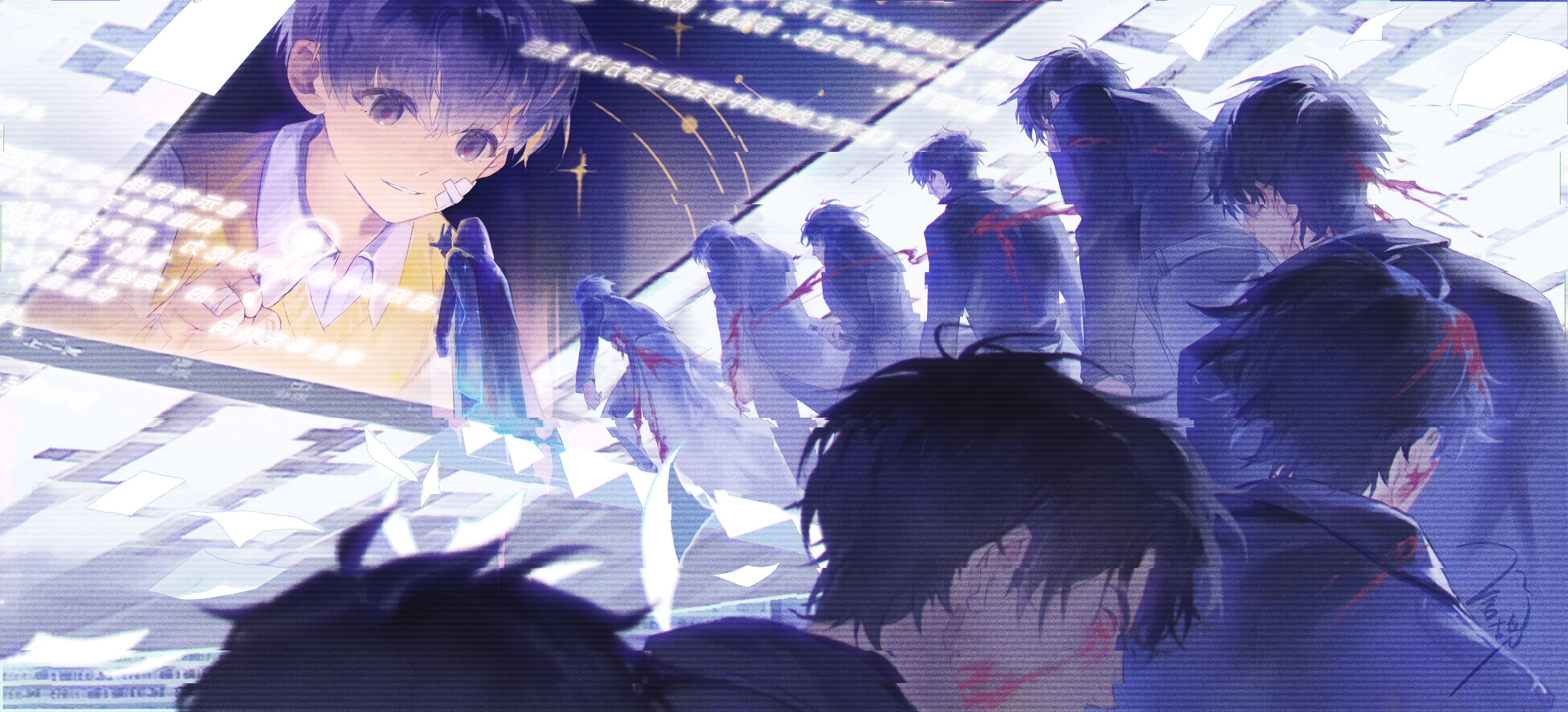 kim dokja, oldest dream, secretive plotter, yoo joonghyuk, omniscient reader's viewpoint, absurdres, chinese commentary, commentary request, highres, translation request, 6+boys, bandage on face, bandages, black coat, black eyes, black hair, blood, blood in hair, blood on clothes, blood splatter, cloak, closed eyes, coat, collared shirt, flying paper, goo g000, holographic interface, hood, hood up, hooded cloak, male focus, multiple boys, multiple persona, open clothes, open coat, paper, popped collar, pov, shirt, short hair, smile, sparkle, stairs, star trail, vest, walking, white shirt, window (computing), yellow vest