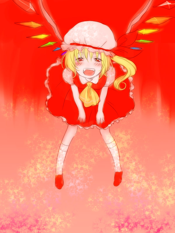 loup-garou, flandre scarlet, touhou, bad id, bad pixiv id, 1girl, blonde hair, blush, fangs, female focus, hat, one side up, ponytail, red eyes, short hair, side ponytail, solo, wings