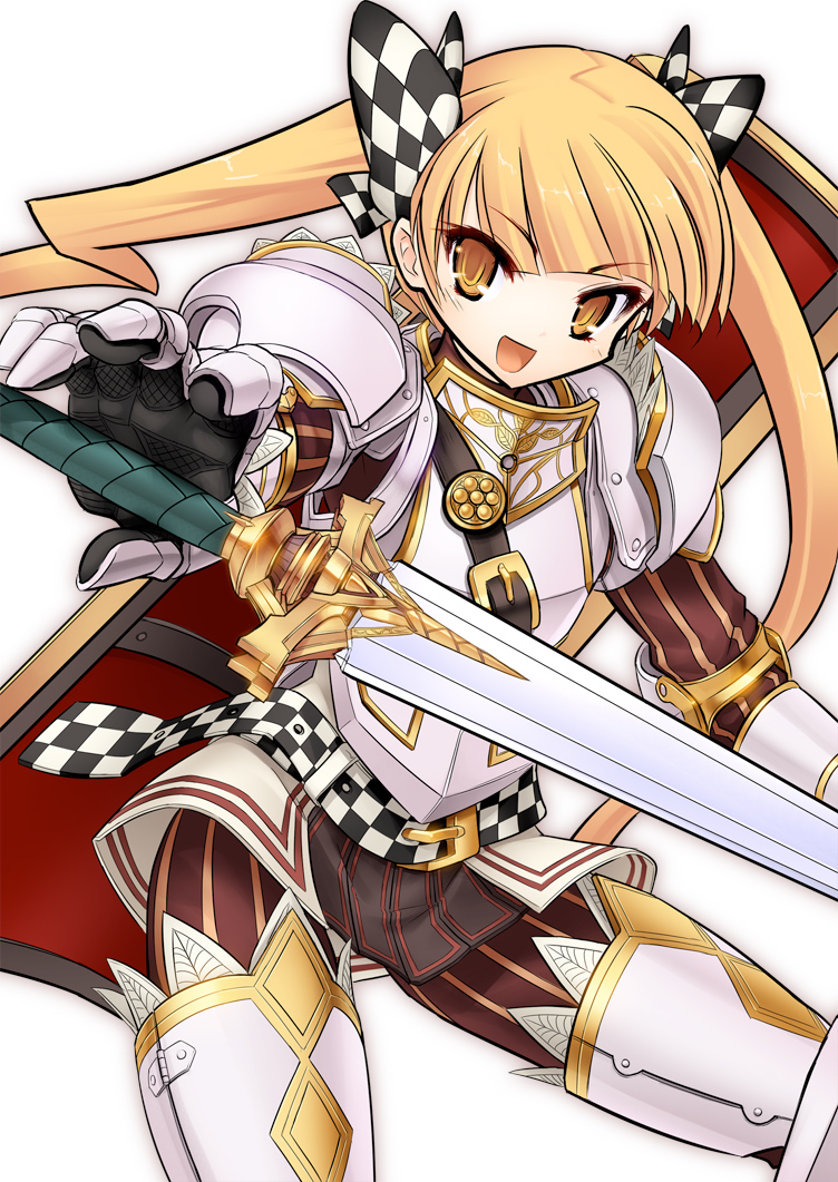 messy (efuya), berich (7th dragon), knight (7th dragon), 7th dragon, 7th dragon (series), 1girl, armor, blonde hair, female focus, gauntlets, greaves, hair ribbon, ribbon, shield, solo, sword, twintails, weapon