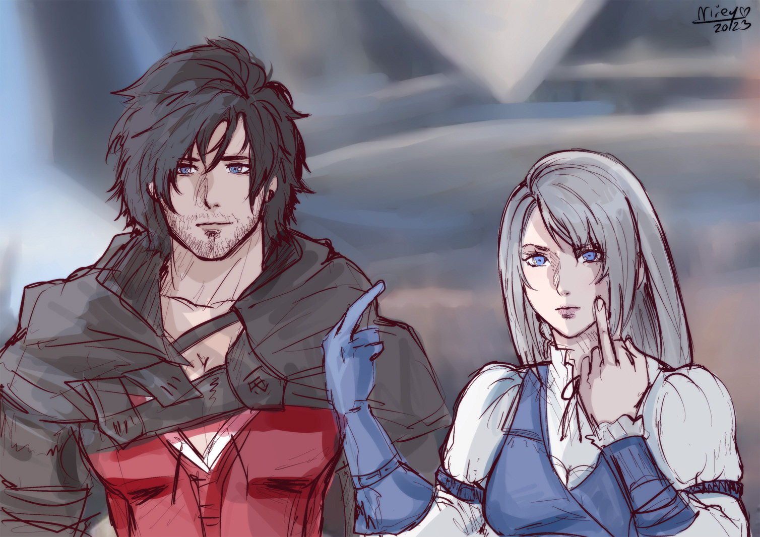 herzloserengel, clive rosfield, jill warrick, final fantasy, final fantasy xvi, derivative work, 1boy, 1girl, 2023, artist name, beard stubble, black cloak, black hair, blue eyes, blue gloves, blue vest, blurry, blurry background, breasts, cloak, facial hair, gloves, grey hair, hair between eyes, long hair, medium breasts, middle finger, red vest, shirt, short hair, stubble, upper body, vest, white shirt