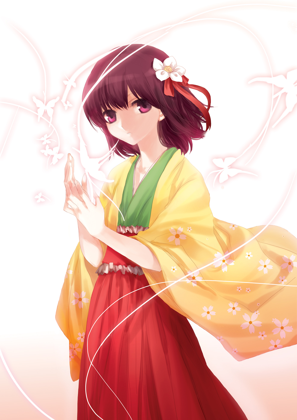 irua, hieda no akyuu, touhou, bad id, bad pixiv id, highres, 1girl, female focus, flower, japanese clothes, purple eyes, purple hair, short hair, solo