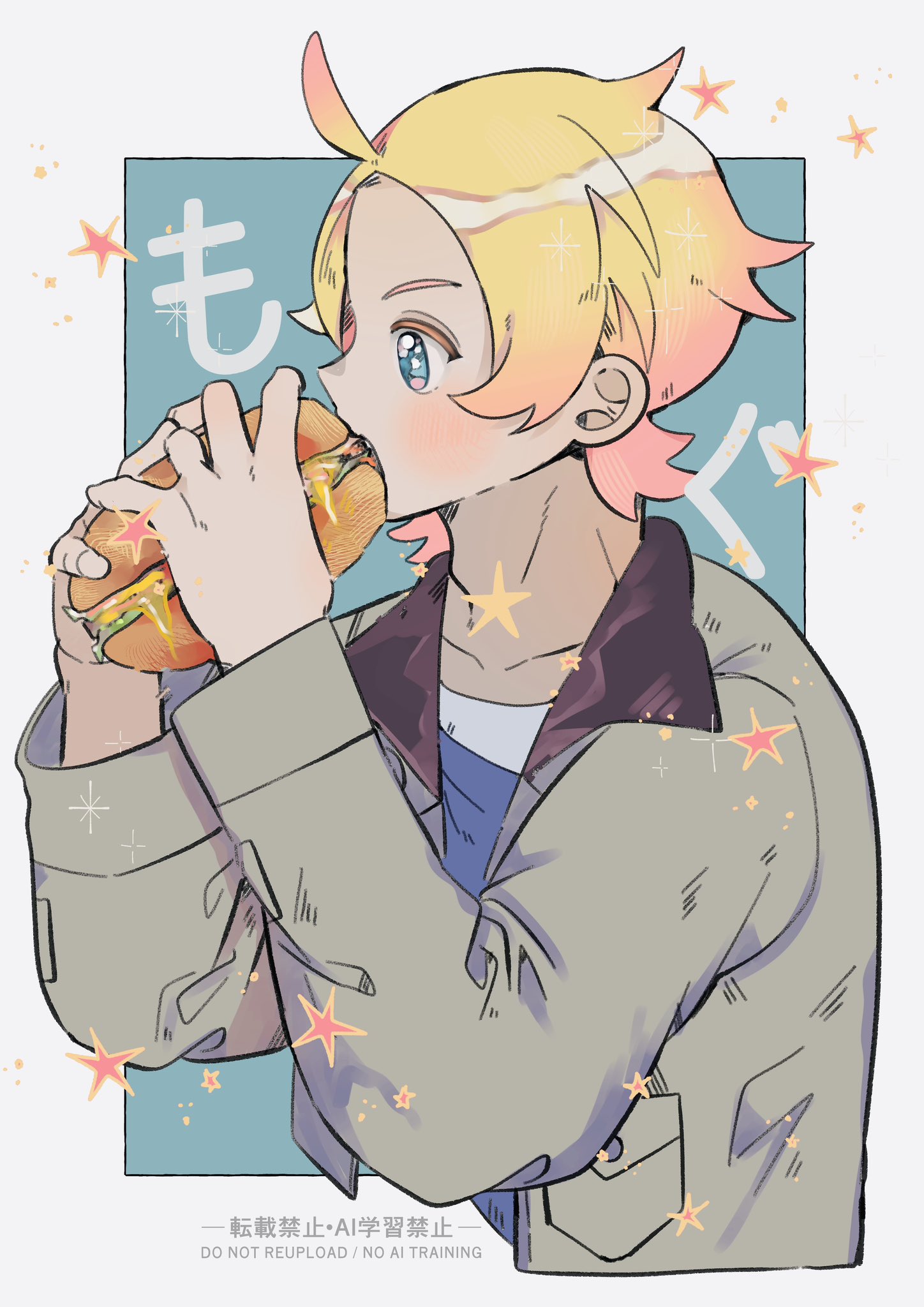 urbain (pokemon), nintendo, pokemon, pokemon legends: z-a, commentary request, highres, 1boy, arms up, blonde hair, blue eyes, blue shirt, burger, collarbone, crew neck, cropped torso, eating, food, from side, gradient hair, grey jacket, holding, holding burger, holding food, jacket, long sleeves, male focus, multicolored hair, pam0y0, pink hair, shirt, solo, watermark
