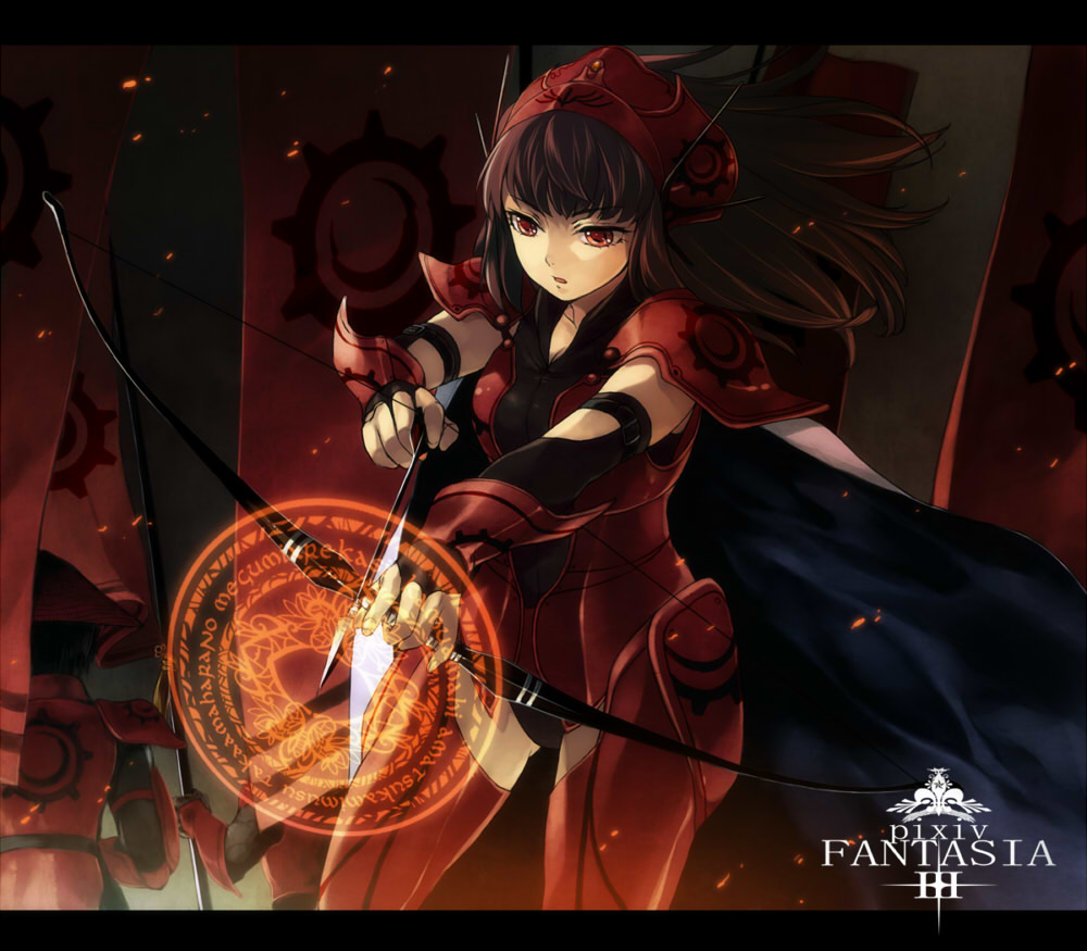 ryou (kimagure), pixiv fantasia, pixiv fantasia 3, bad id, bad pixiv id, 1girl, akatsuhara empire, armor, arrow (projectile), bow (weapon), brown hair, cape, female focus, fingerless gloves, gloves, helmet, long hair, magic circle, red eyes, solo, weapon