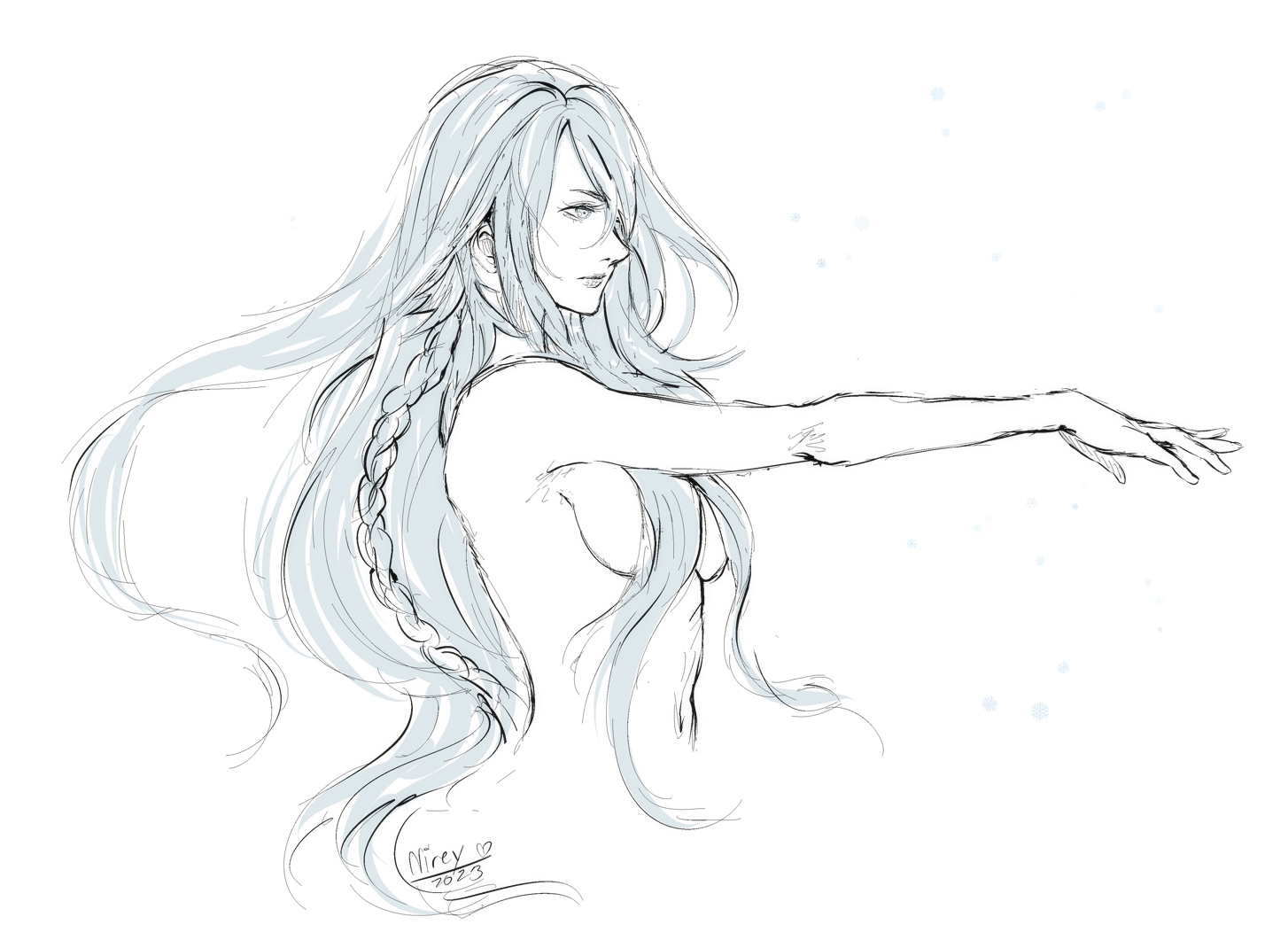 herzloserengel, jill warrick, final fantasy, final fantasy xvi, 1girl, 2023, artist name, braid, breasts, closed mouth, grey hair, hair over one eye, long hair, medium breasts, navel, outstretched arm, side braid, sideboob, sketch, solo, topless female, upper body, white background