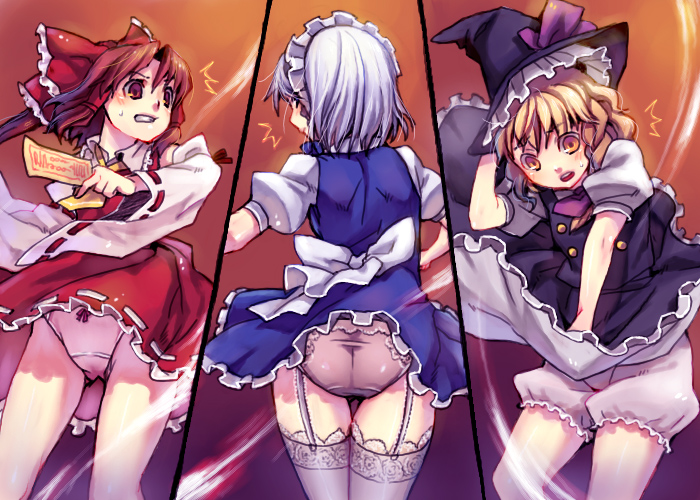 misti, hakurei reimu, izayoi sakuya, kirisame marisa, the iron of yin and yang, touhou, silver hair, 3girls, ^^^, ass, blonde hair, bloomers, braid, brown hair, detached sleeves, female focus, garter belt, hairband, hand on headwear, hat, japanese clothes, miko, multiple girls, panties, short hair, skirt, skirt flip, surprised, thigh gap, thighhighs, underwear, wind, wind lift, witch, witch hat, yellow eyes