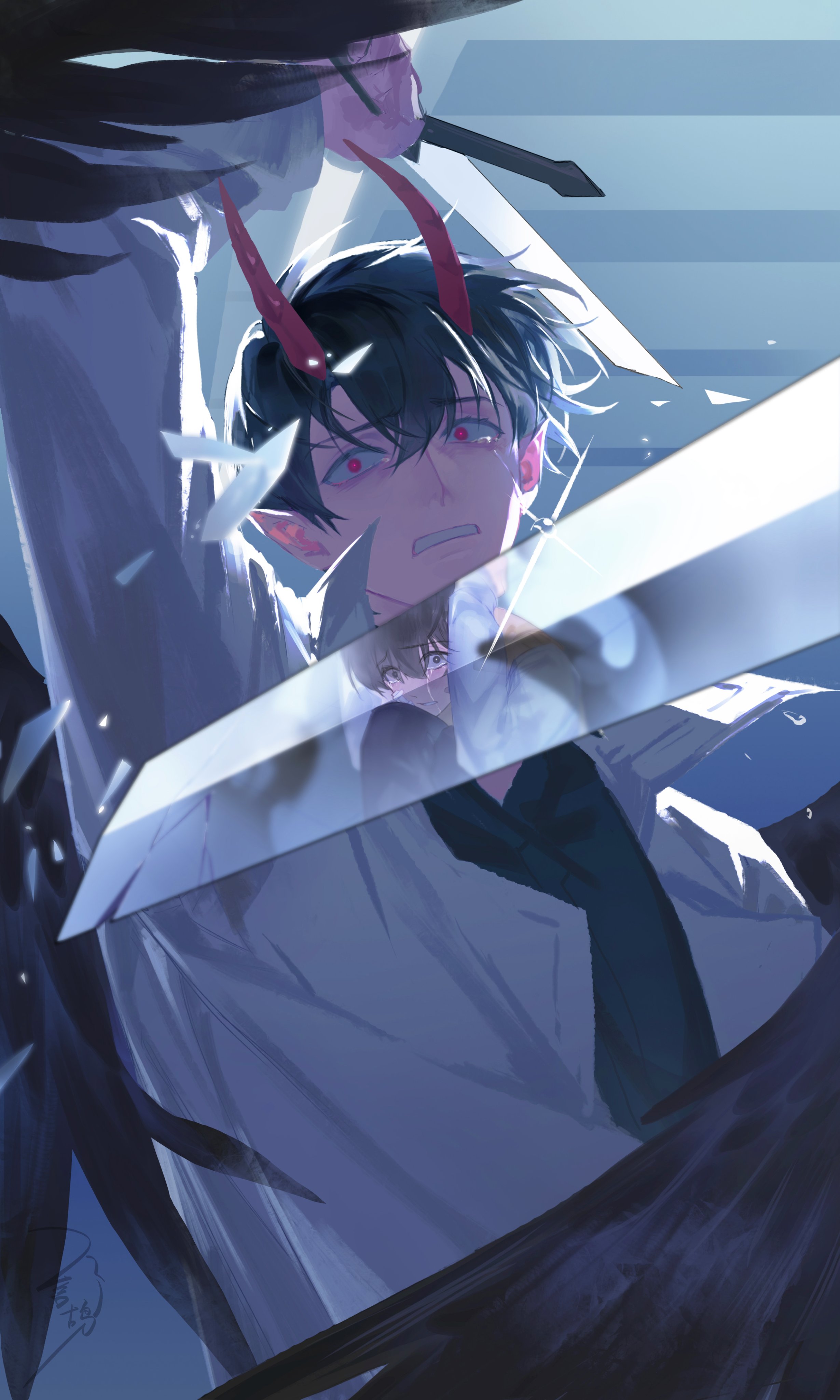 kim dokja, oldest dream, omniscient reader's viewpoint, absurdres, highres, 2boys, black eyes, black hair, black shirt, black wings, broken glass, clenched teeth, coat, collared shirt, covering head, crying, crying with eyes open, curled up, demon horns, different reflection, feathered wings, glass, goo g000, holding, holding sword, holding weapon, horns, imminent attack, knees up, male focus, multiple boys, official alternate costume, open clothes, open coat, open mouth, popped collar, pov, red eyes, reflection, shirt, short hair, sword, tears, teeth, weapon, white coat, wide-eyed, wings