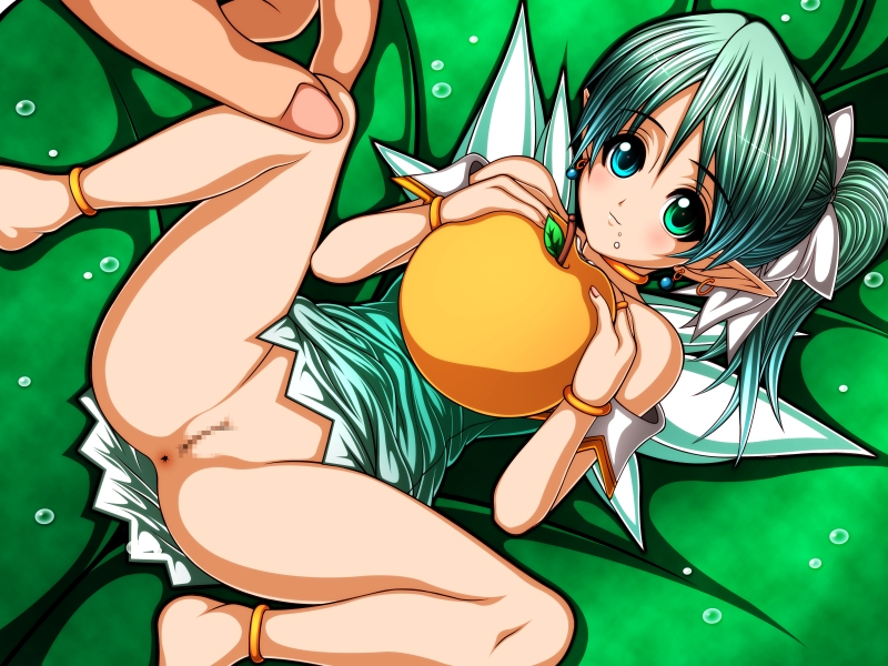 kurisu no bouken nikki ~fairy hen~, anklet, arm cuffs, blush, bracelet, censored, dew drop, earrings, fairy, food, fruit, hair ribbon, heterochromia, jewelry, leaf, looking at viewer, lots of jewelry, lying, mini person, minigirl, multicolored hair, necklace, pointy ears, pulled up dress, ribbon, water drop, wings