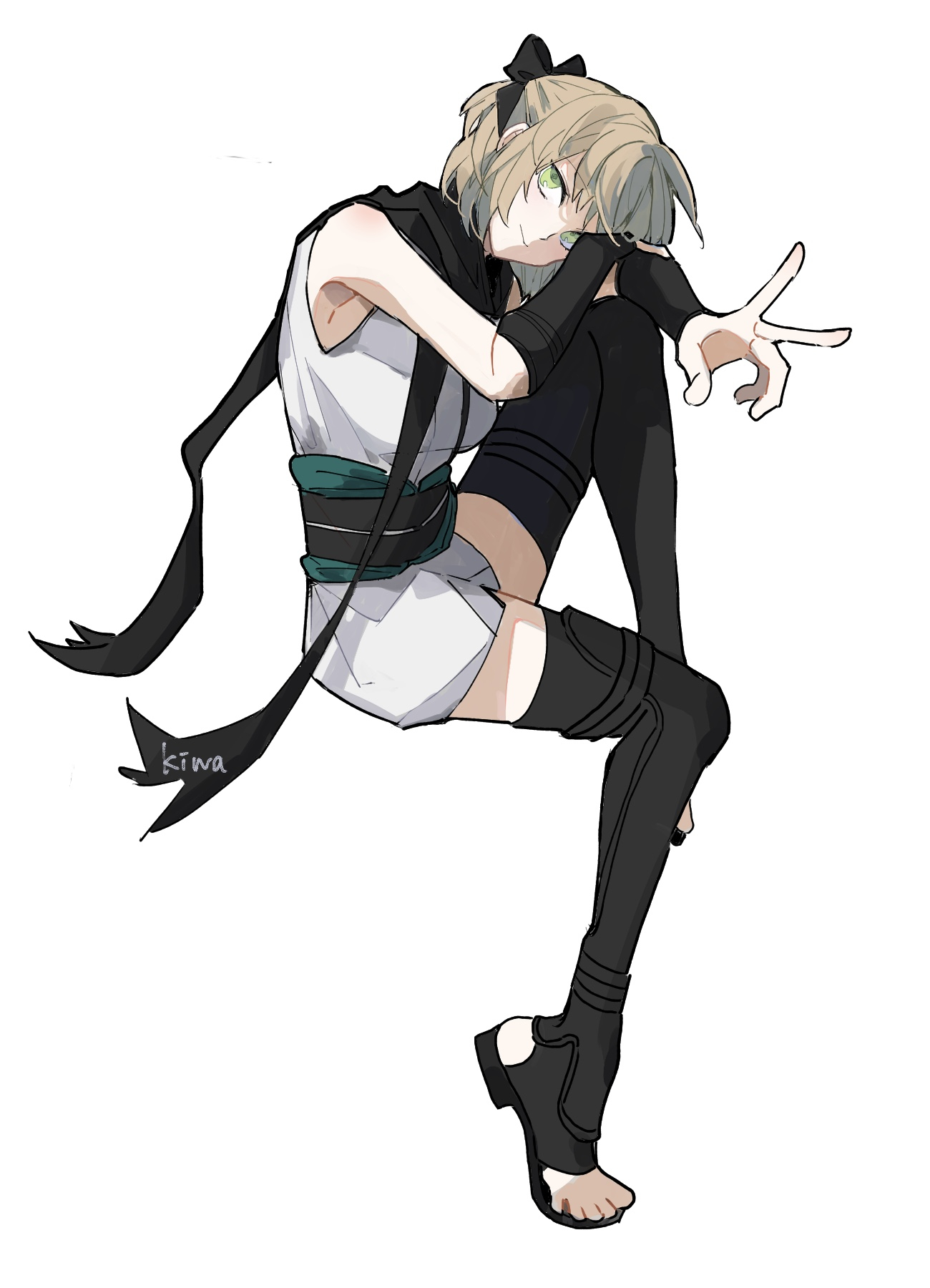 ki wa001, okita souji (fate), okita souji (koha-ace), fate/grand order, fate (series), highres, 1girl, ahoge, bare shoulders, black bow, black thighhighs, blonde hair, blush, bow, breasts, full body, hair between eyes, hair bow, japanese clothes, kimono, knee up, long hair, looking at viewer, medium breasts, obi, okita souji (second ascension) (fate), sash, scarf, shirt, short hair, short kimono, simple background, sleeveless, sleeveless kimono, smile, solo, thighhighs, thighs, v, white background, white kimono, yellow eyes