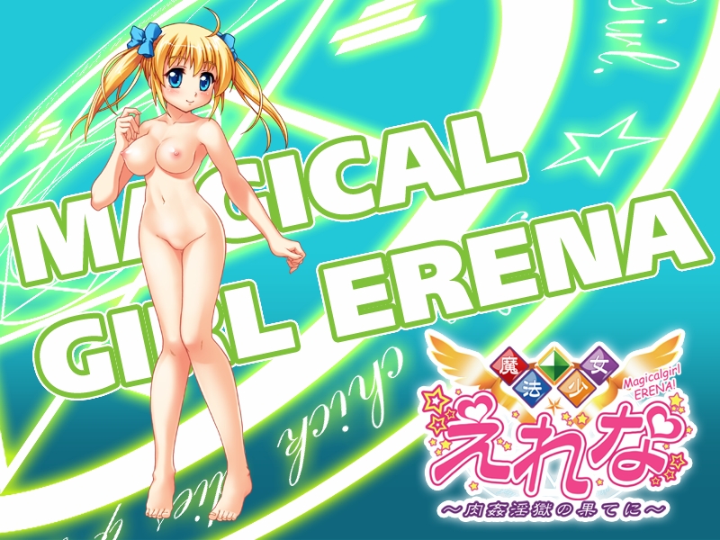 potekoro, honjou erena, mahou shoujo erena, valkyria (studio), 1girl, barefoot, blonde hair, blue eyes, blush, bow, breasts, collarbone, green background, hair bow, heart, long hair, looking at viewer, magic circle, medium breasts, navel, nipples, no pussy, nude, smile, standing, star (symbol), twintails