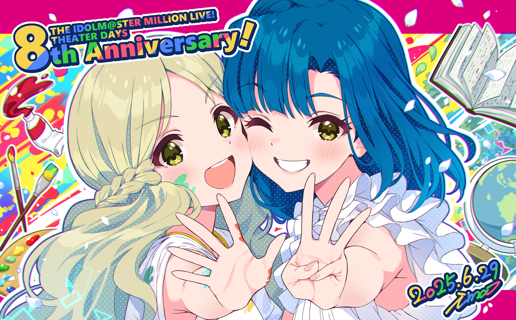 ima (lm ew), handa roco, nanao yuriko, idolmaster, idolmaster million live!, idolmaster million live! theater days, highres, 2girls, anniversary, blue hair, blush, book, braid, cheek-to-cheek, dated, fingernails, globe, green eyes, grey hair, grin, heads together, long hair, looking at viewer, medium hair, multiple girls, one eye closed, open book, open mouth, outline, outstretched arm, paint, paint palette, paint splatter, paint splatter on face, paint tube, paintbrush, signature, smile, w, white outline, yellow eyes