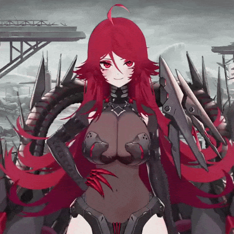 nihilister (nikke), sinder (vtuber), goddess of victory: nikke, indie virtual youtuber, animated, animated gif, ahoge, claws, cosplay, demon girl, demon tail, long hair, red eyes, red hair, sinhilister, tail, very long hair, virtual youtuber