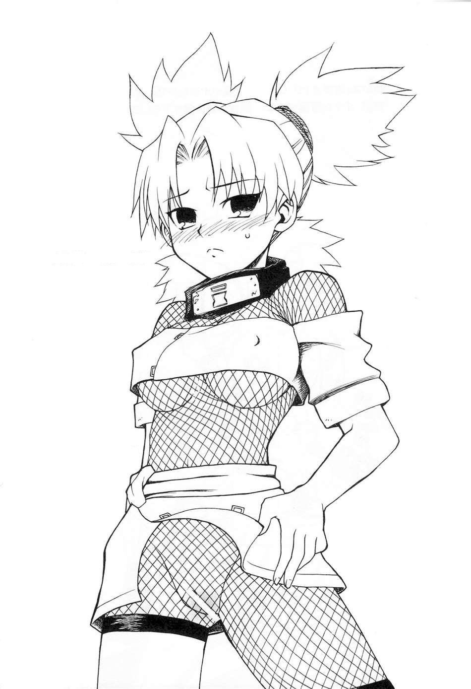 sahara wataru, temari (naruto), naruto (classic), naruto (series), highres, 1girl, blush, breasts, censored, female focus, fishnets, monochrome, pussy, simple background, skirt, solo, underboob, white background