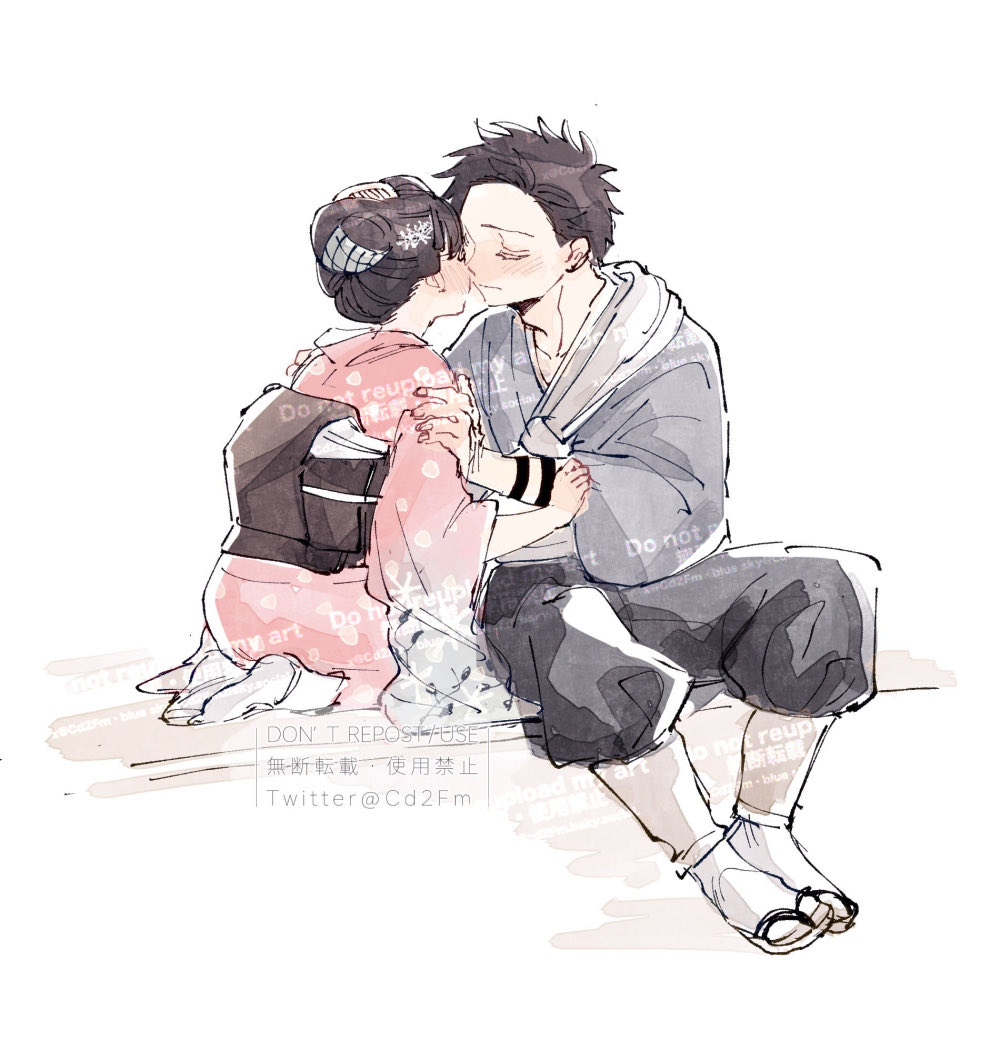 cd2fm, hakuji (kimetsu no yaiba), koyuki (kimetsu no yaiba), kimetsu no yaiba, 1boy, 1girl, black hair, black pants, blush, closed eyes, comb, couple, full body, grey jacket, hair bun, hair ornament, hand on another's arm, hetero, imminent kiss, jacket, japanese clothes, kimono, kneeling, pants, pink kimono, polka dot, polka dot kimono, sandals, short hair, sitting, snowflake hair ornament, socks, tabi, twitter username, updo, white background, white socks