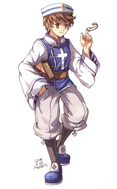 tiv, original, archived source, commentary request, 1boy, 2005, artist name, baggy pants, beads, blue shoes, blue vest, book, brown eyes, brown hair, buttoned cuffs, buttons, closed mouth, cross, cross earrings, dated, dated commentary, earrings, foot up, full body, grey socks, hand in pocket, hat, high collar, holding, holding book, jewelry, kneehighs, latin cross, long sleeves, male focus, pants, prayer beads, priest, print vest, ribbed socks, shoes, short hair, simple background, smile, socks, two-sided sleeves, vest, white background, white hat, white pants, white sleeves, wide sleeves