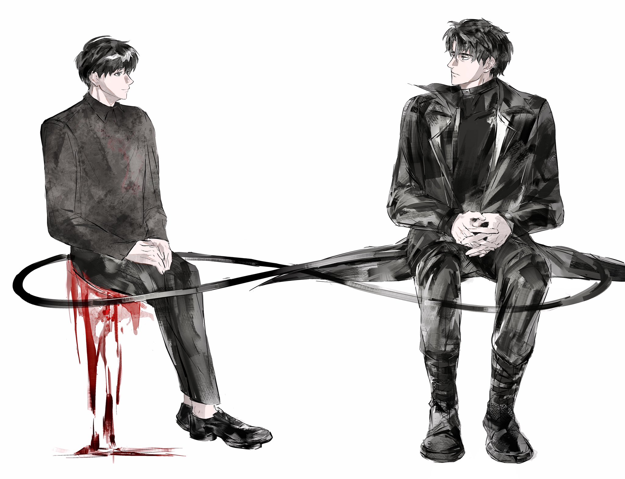 kim dokja, yoo joonghyuk, omniscient reader's viewpoint, highres, 2boys, 8d2suga9, black coat, black eyes, black hair, black shirt, bleeding, blood, blood on clothes, boots, coat, crossed legs, full body, hands on lap, infinity symbol, invisible chair, large hands, looking at another, male focus, multiple boys, open clothes, open coat, popped collar, shirt, short hair, sitting