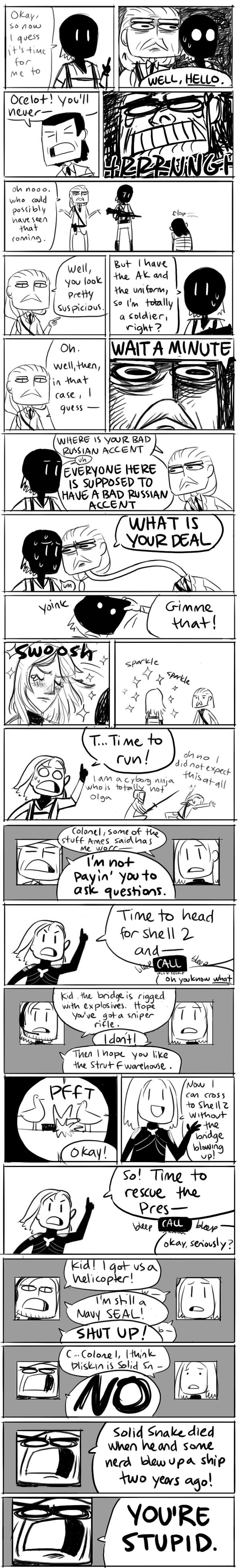 gigi d.g., iroquois pliskin, mr.x (mgs2), raiden (metal gear), revolver ocelot, richard ames, roy campbell, solid snake, metal gear (series), metal gear solid, metal gear solid 2: sons of liberty, absurdres, highres, long image, tall image, 3boys, comic, english text, greyscale, male focus, monochrome, multiple boys