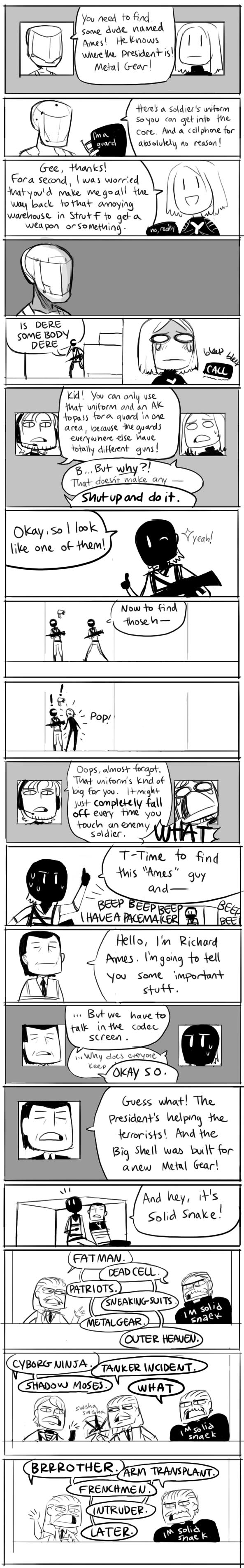 gigi d.g., iroquois pliskin, mr.x (mgs2), raiden (metal gear), revolver ocelot, richard ames, solid snake, solidus snake, metal gear (series), metal gear solid, metal gear solid 2: sons of liberty, absurdres, highres, long image, tall image, 6+boys, comic, english text, greyscale, male focus, monochrome, multiple boys