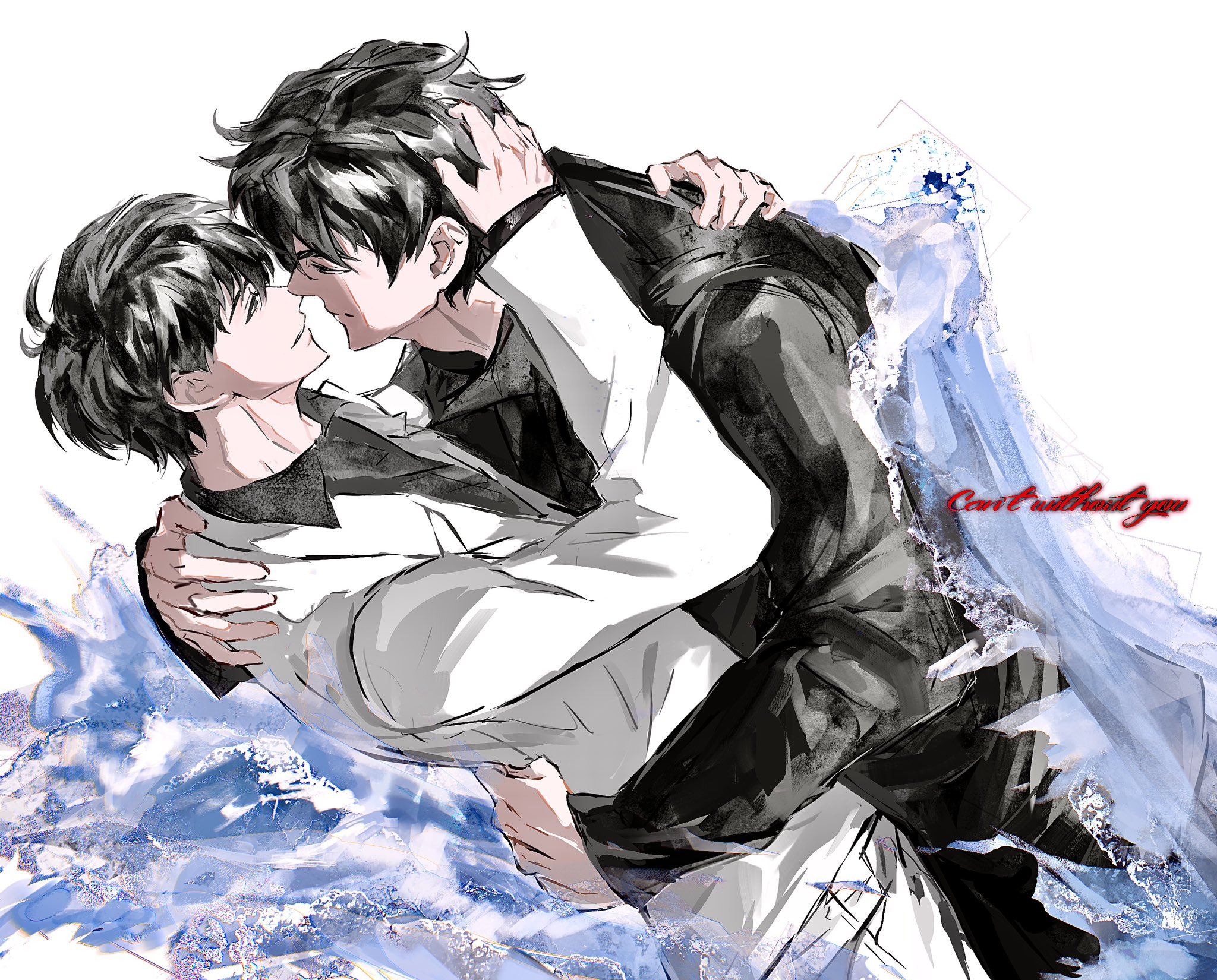 kim dokja, yoo joonghyuk, omniscient reader's viewpoint, highres, 2boys, 8d2suga9, black coat, black eyes, black hair, black shirt, coat, collared shirt, cowboy shot, cursive, english text, hand on another's back, hand on another's head, hand on another's shoulder, hug, imminent kiss, male focus, multiple boys, open clothes, open coat, shirt, short hair, white coat, yaoi