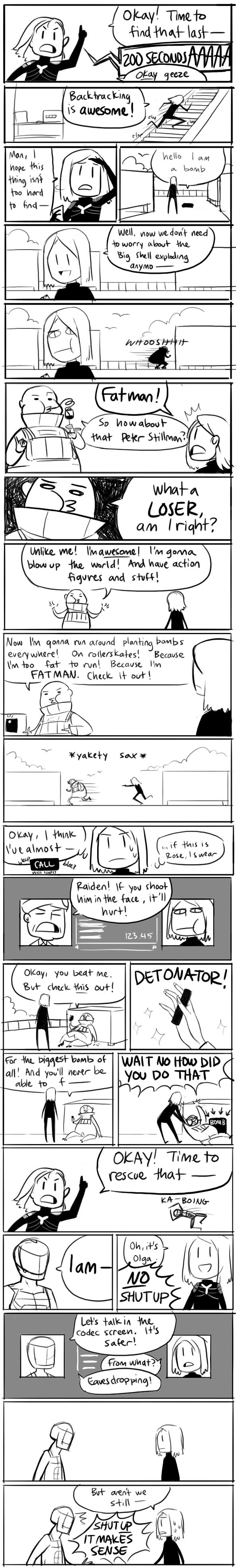 gigi d.g., fatman (metal gear), mr.x (mgs2), raiden (metal gear), roy campbell, metal gear (series), metal gear solid, metal gear solid 2: sons of liberty, absurdres, highres, long image, tall image, 3boys, comic, english text, greyscale, male focus, monochrome, multiple boys