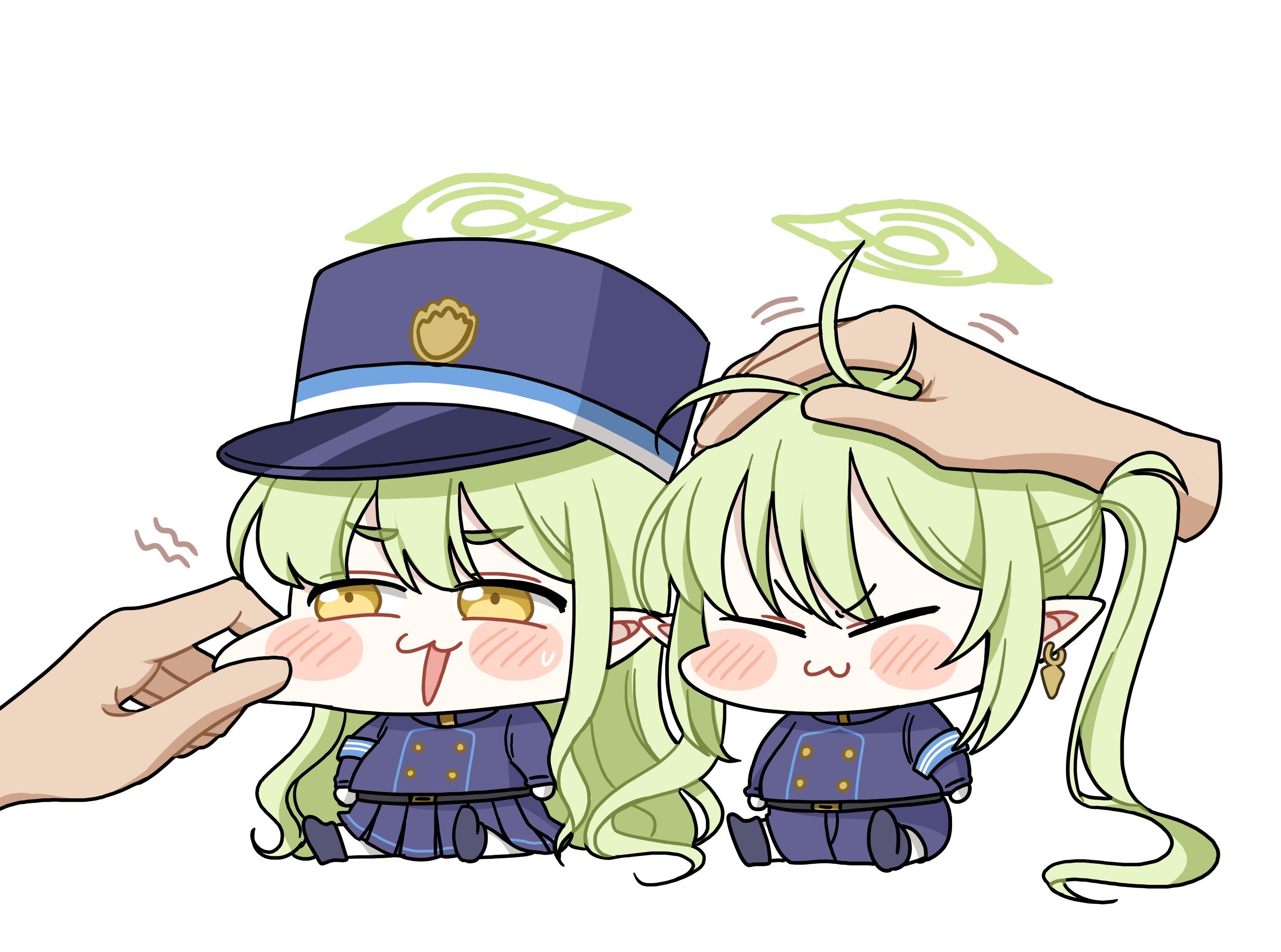 ddungddang, hikari (blue archive), nozomi (blue archive), blue archive, clip studio paint (medium), commentary request, highres, korean commentary, 1other, 2girls, :3, ambiguous gender, armband, arms at sides, belt, belt buckle, black belt, black shoes, blue armband, blue hat, blue jacket, blue shorts, blue skirt, blush stickers, buckle, buttons, cheek pinching, chibi, chibi only, closed eyes, closed mouth, disembodied hand, double-breasted, earrings, full body, furrowed brow, green hair, green halo, halo, hat, headpat, jacket, jewelry, long hair, long sleeves, mini person, minigirl, motion lines, multiple girls, open mouth, pantyhose, pinching, pleated skirt, pointy ears, puffy cheeks, ruffling hair, shoes, shorts, siblings, simple background, sisters, sitting, skirt, skirt set, smirk, sweatdrop, train conductor, twins, twintails, v-shaped eyebrows, very long hair, white background, white pantyhose, yellow eyes