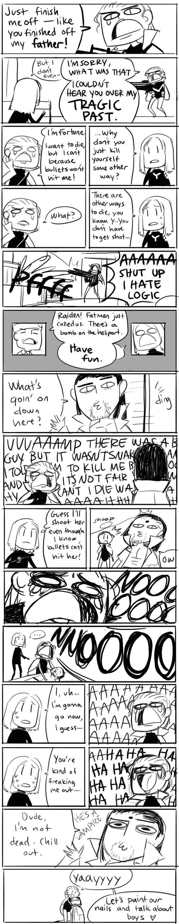 fortune (metal gear), raiden (metal gear), vamp (metal gear), metal gear (series), metal gear solid 2: sons of liberty, absurdres, highres, long image, tall image, 1girl, 2boys, anti-materiel rifle, cannon, comic, english text, greyscale, gun, magnetic weapon, monochrome, multiple boys, railgun, rifle, sniper rifle, weapon