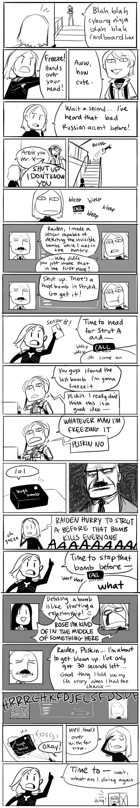 gigi d.g., iroquois pliskin, olga gurlukovich, peter stillman, raiden (metal gear), rosemary, solid snake, metal gear (series), metal gear solid, metal gear solid 2: sons of liberty, absurdres, highres, long image, tall image, 2girls, 3boys, comic, english text, greyscale, monochrome, multiple boys, multiple girls