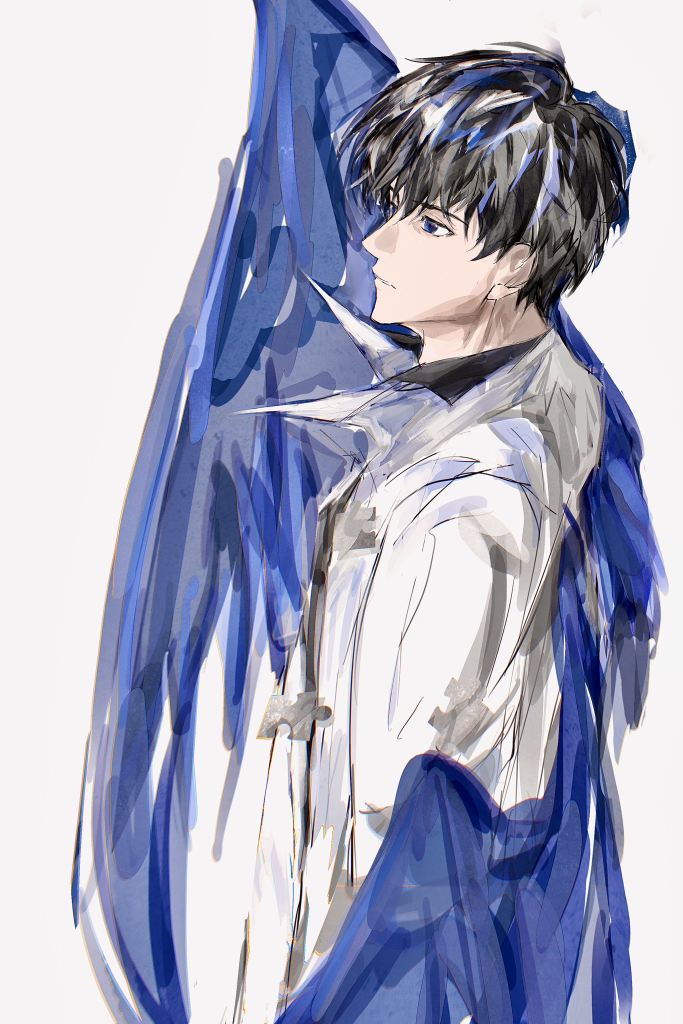 kim dokja, omniscient reader's viewpoint, highres, 1boy, 8d2suga9, black eyes, black hair, black shirt, blank stare, blue wings, coat, collared shirt, feathered wings, looking to the side, male focus, open clothes, open coat, popped collar, shirt, short hair, solo, upper body, white coat, wings
