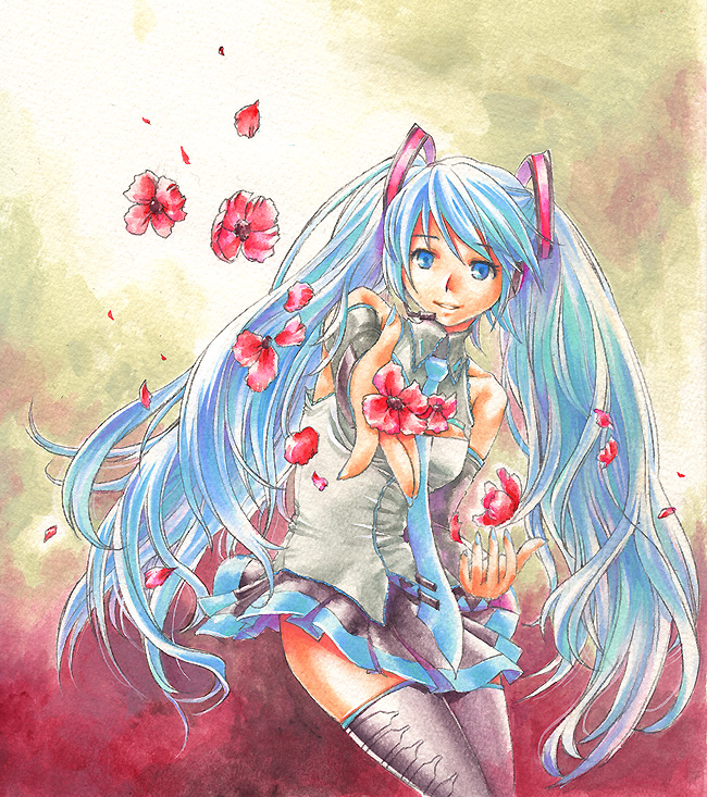 nyoro ri, hatsune miku, vocaloid, blue eyes, blue hair, detached sleeves, flower, thighhighs, twintails