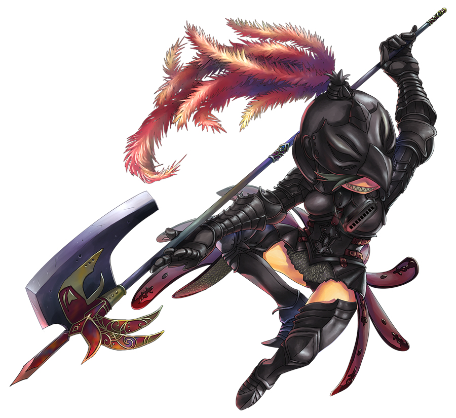 nyoro ri, 1girl, armor, axe, female focus, halberd, polearm, solo, weapon