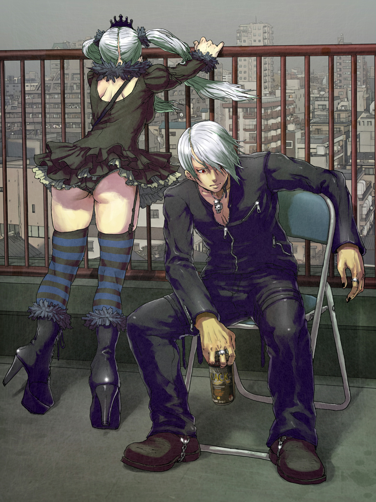 daichan mona, k' (kof), kula diamond, snk, the king of fighters, 1boy, 1girl, ass, black panties, brother and sister, city, couple, crown, ero lolita, garter straps, goth fashion, gothic lolita, interracial, jewelry, lolita fashion, mall goth, panties, pantyshot, ring, scenery, siblings, striped clothes, striped thighhighs, thighhighs, thighs, twintails, underwear, upskirt, white hair