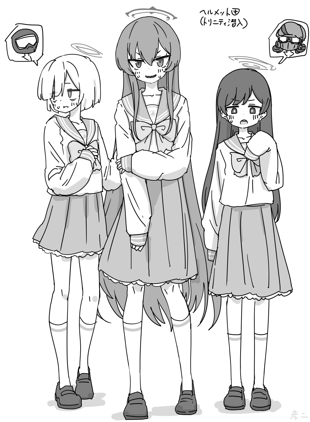 nishino hikoji, helmet gang officer (blue archive), helmet gangster (blue archive), rabu (blue archive), blue archive, highres, 3girls, bags under eyes, blush, bow, bowtie, full body, greyscale, halo, helmet, kneehighs, loafers, long hair, long sleeves, looking at viewer, looking to the side, monochrome, multiple girls, nervous smile, pleated skirt, school uniform, serafuku, sharp teeth, shoes, short hair, simple background, skirt, sleeves past fingers, sleeves past wrists, smile, socks, straight hair, sweatdrop, teeth, very long hair, white background